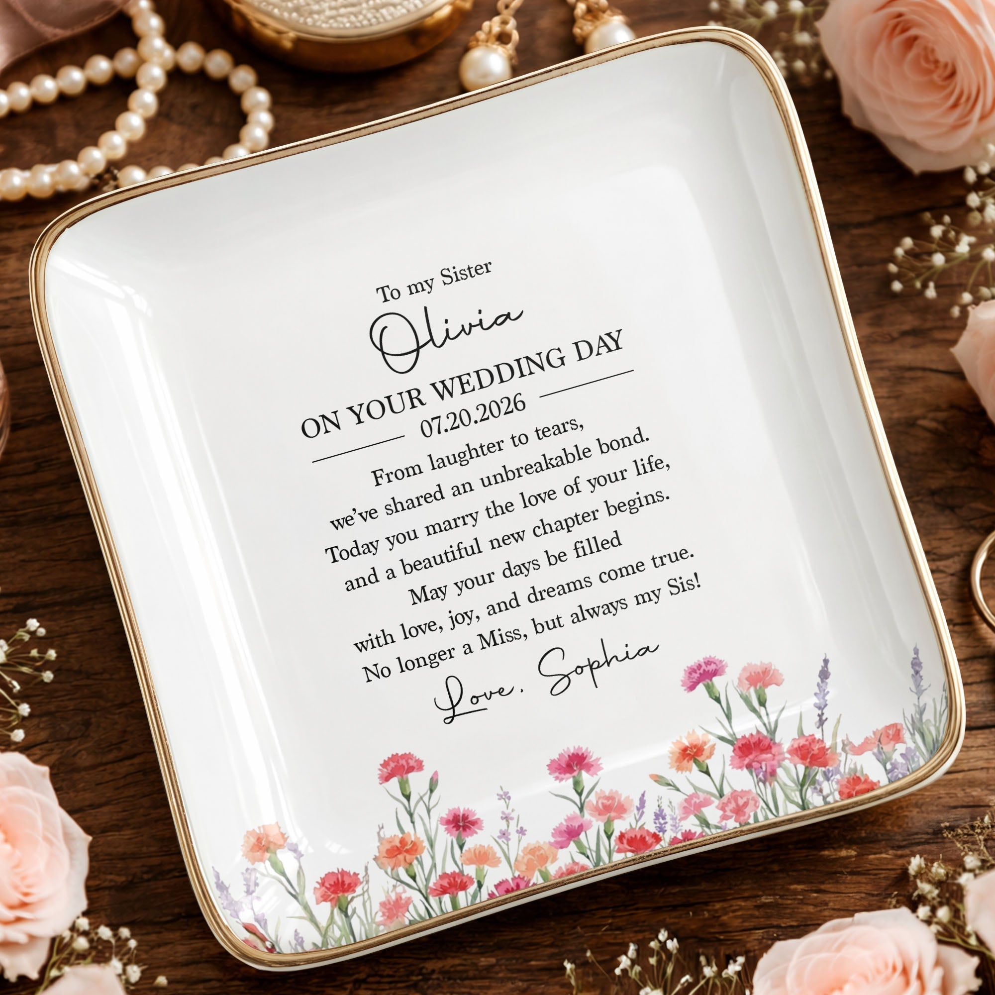 Personalized Wedding Day Jewelry Dish for Sister with Birth Month Flowers