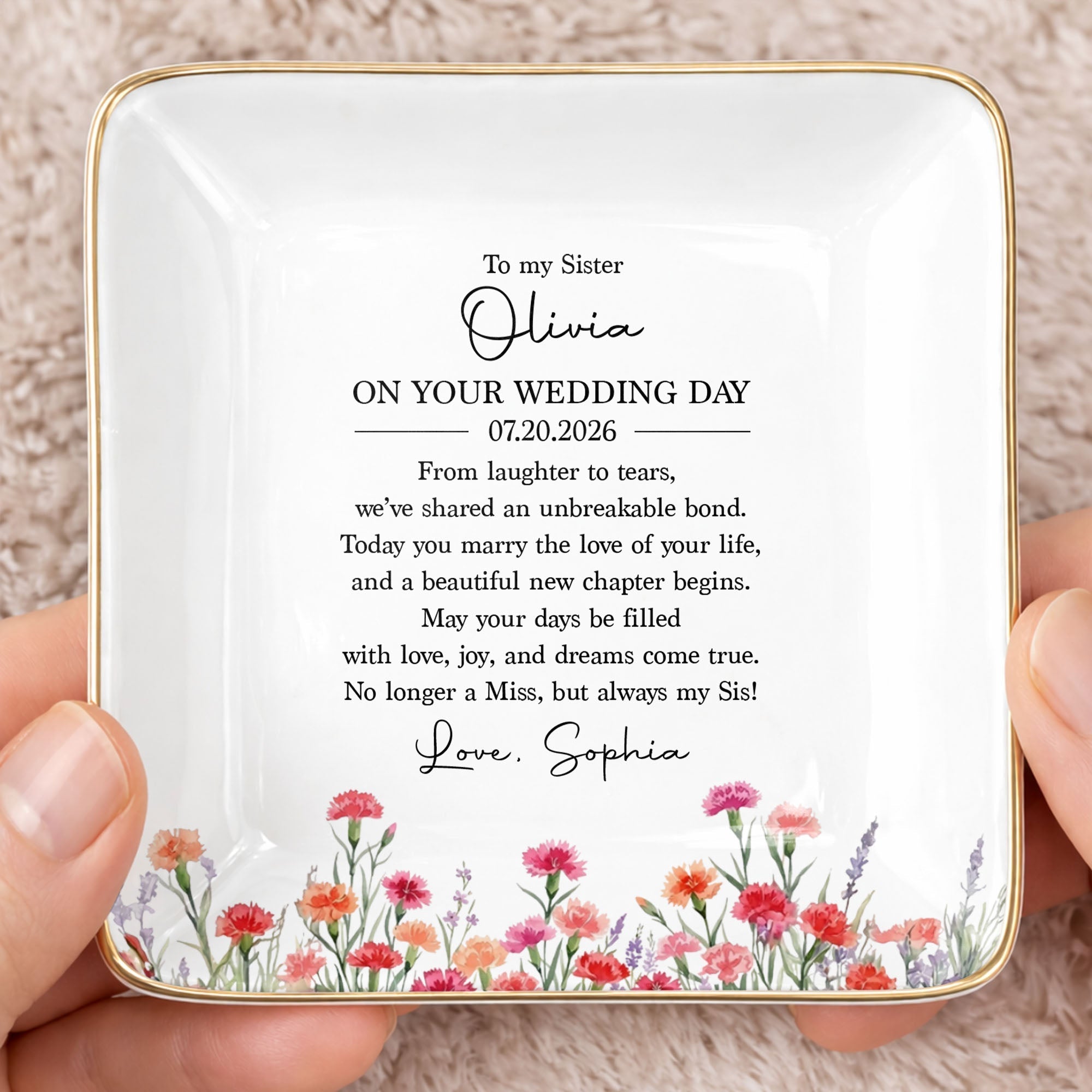 Personalized Wedding Day Jewelry Dish for Sister with Birth Month Flowers