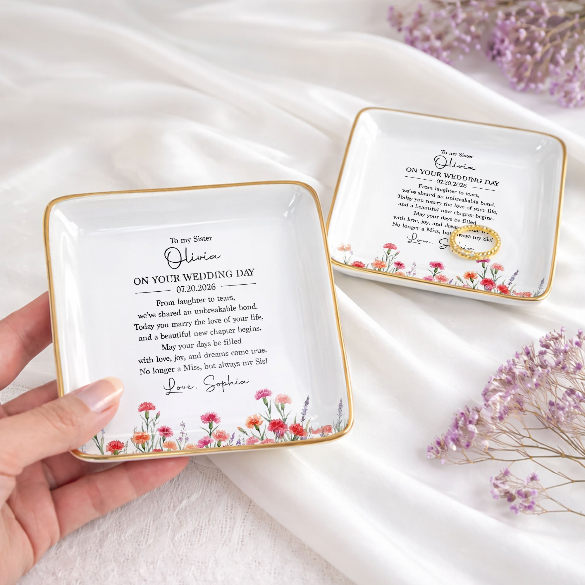 Personalized Wedding Day Jewelry Dish for Sister with Birth Month Flowers