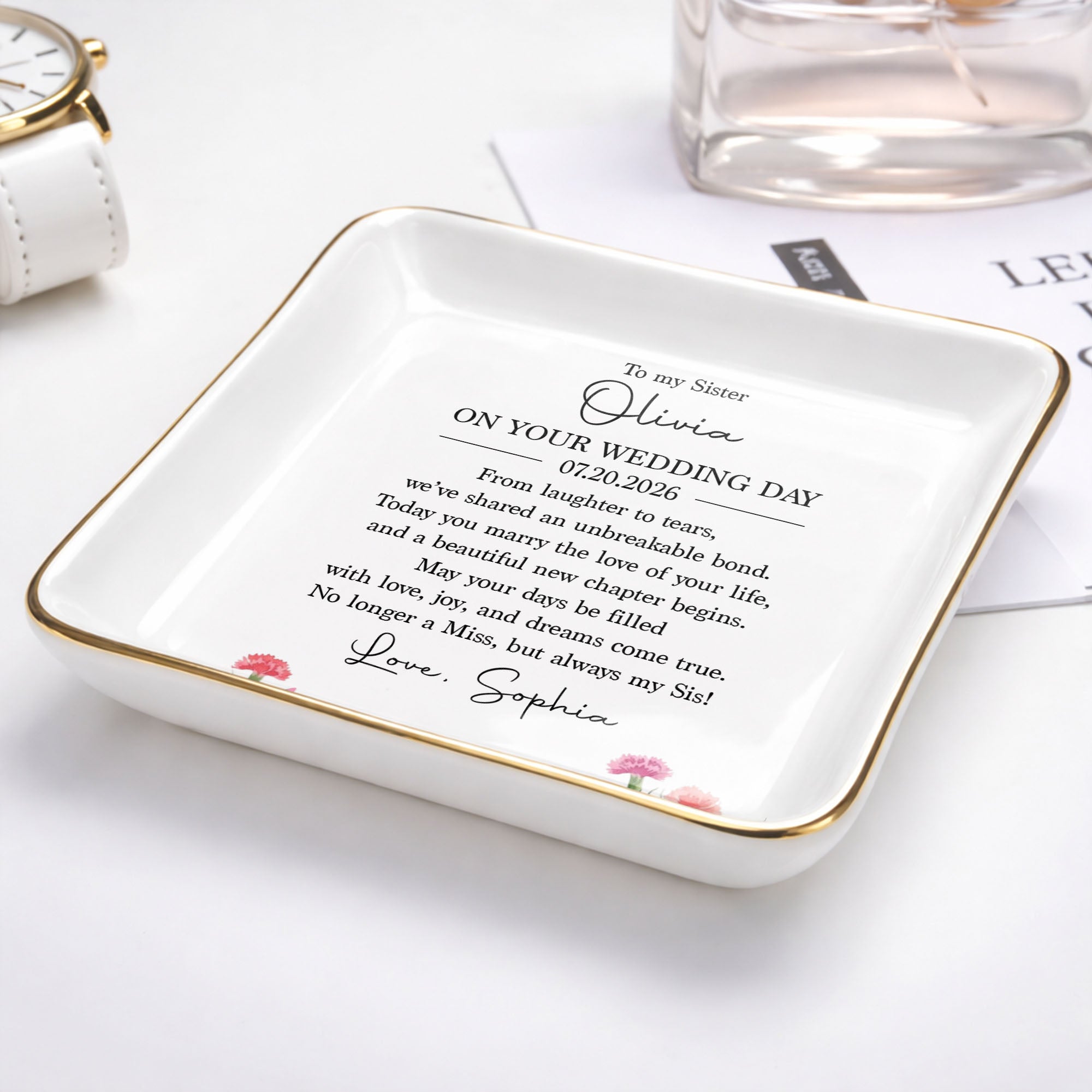 Personalized Wedding Day Jewelry Dish for Sister with Birth Month Flowers