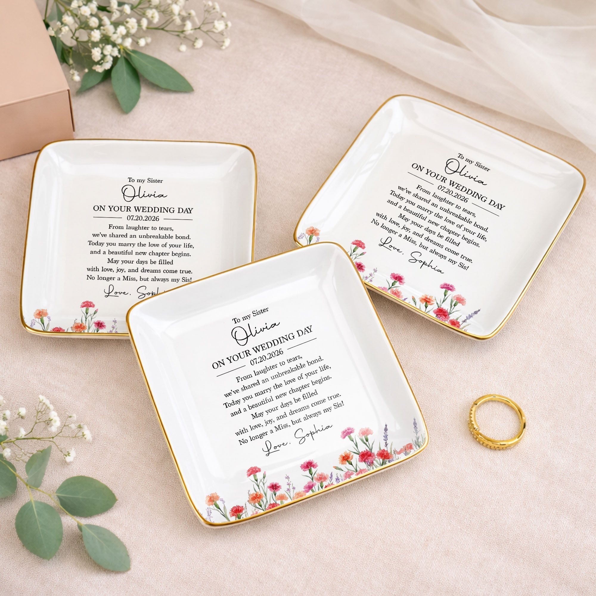 Personalized Wedding Day Jewelry Dish for Sister with Birth Month Flowers