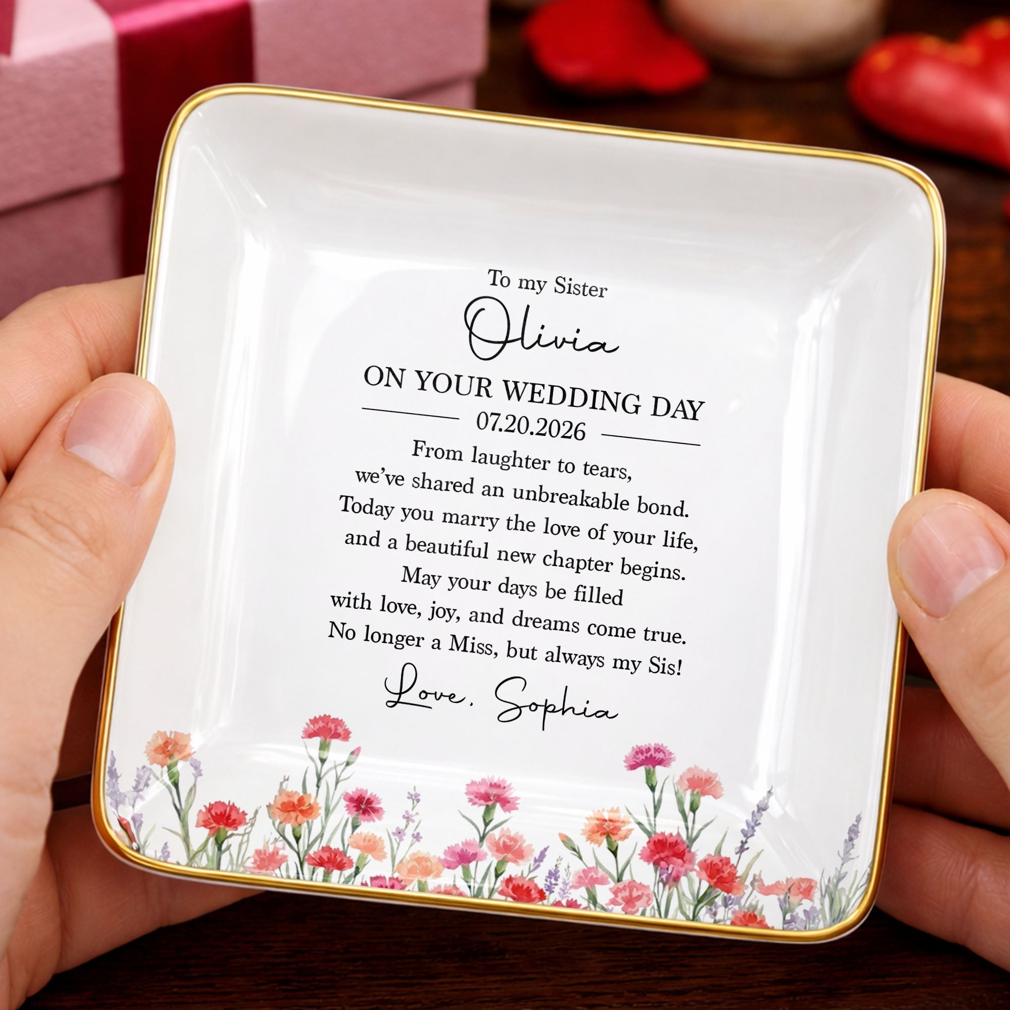 Personalized Wedding Day Jewelry Dish for Sister with Birth Month Flowers