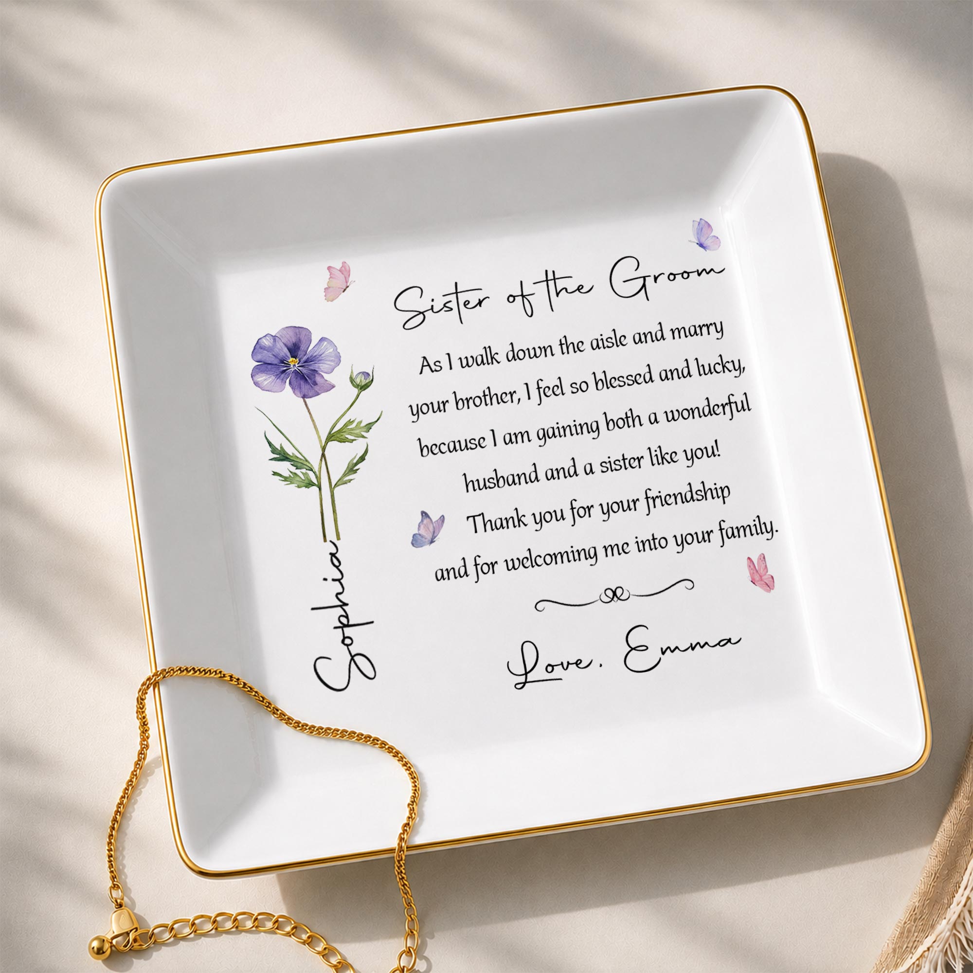 Personalized Sister of the Groom Jewelry Dish Custom Floral Gift