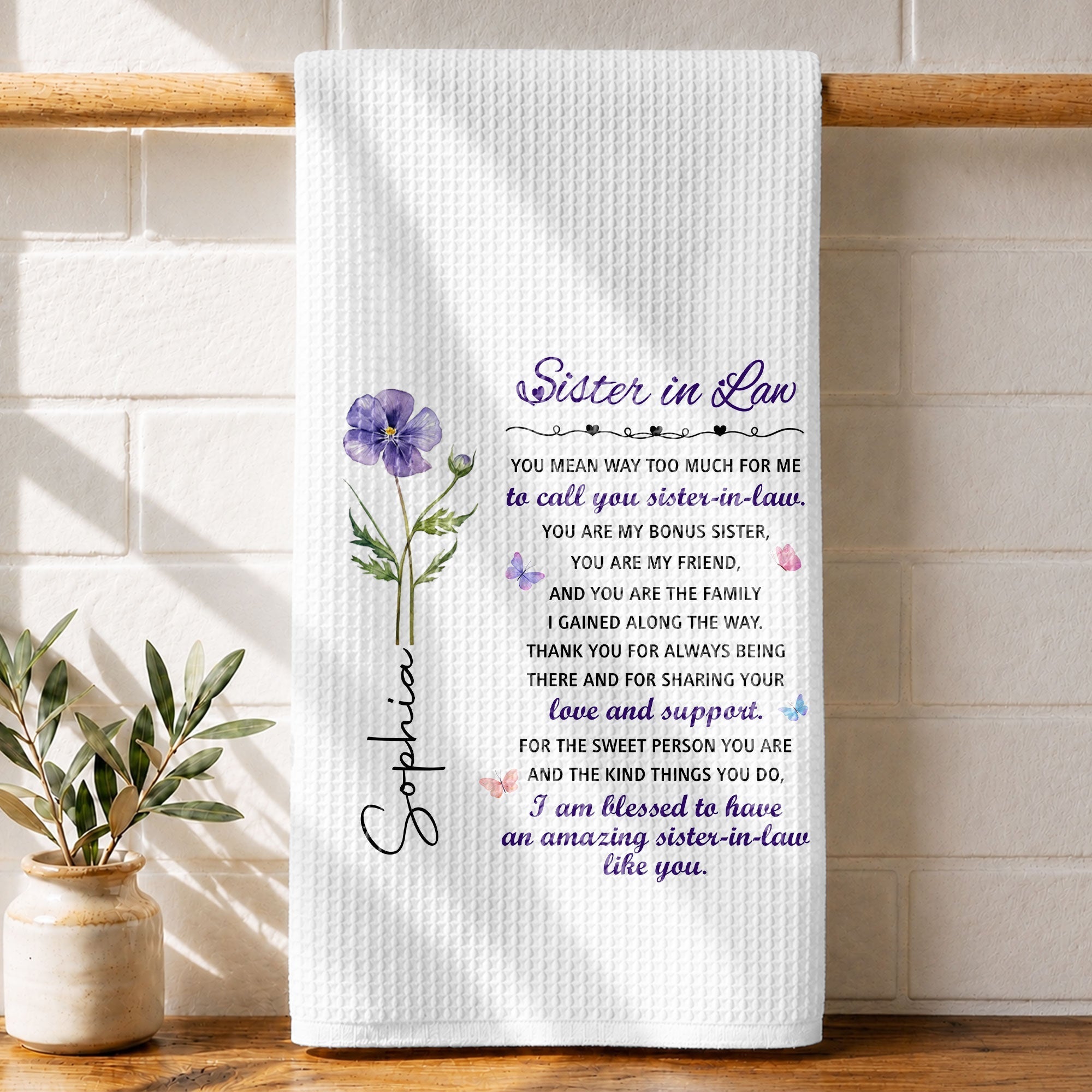 Personalized Kitchen Towel Custom Floral Design Gift for Sister-in-Law