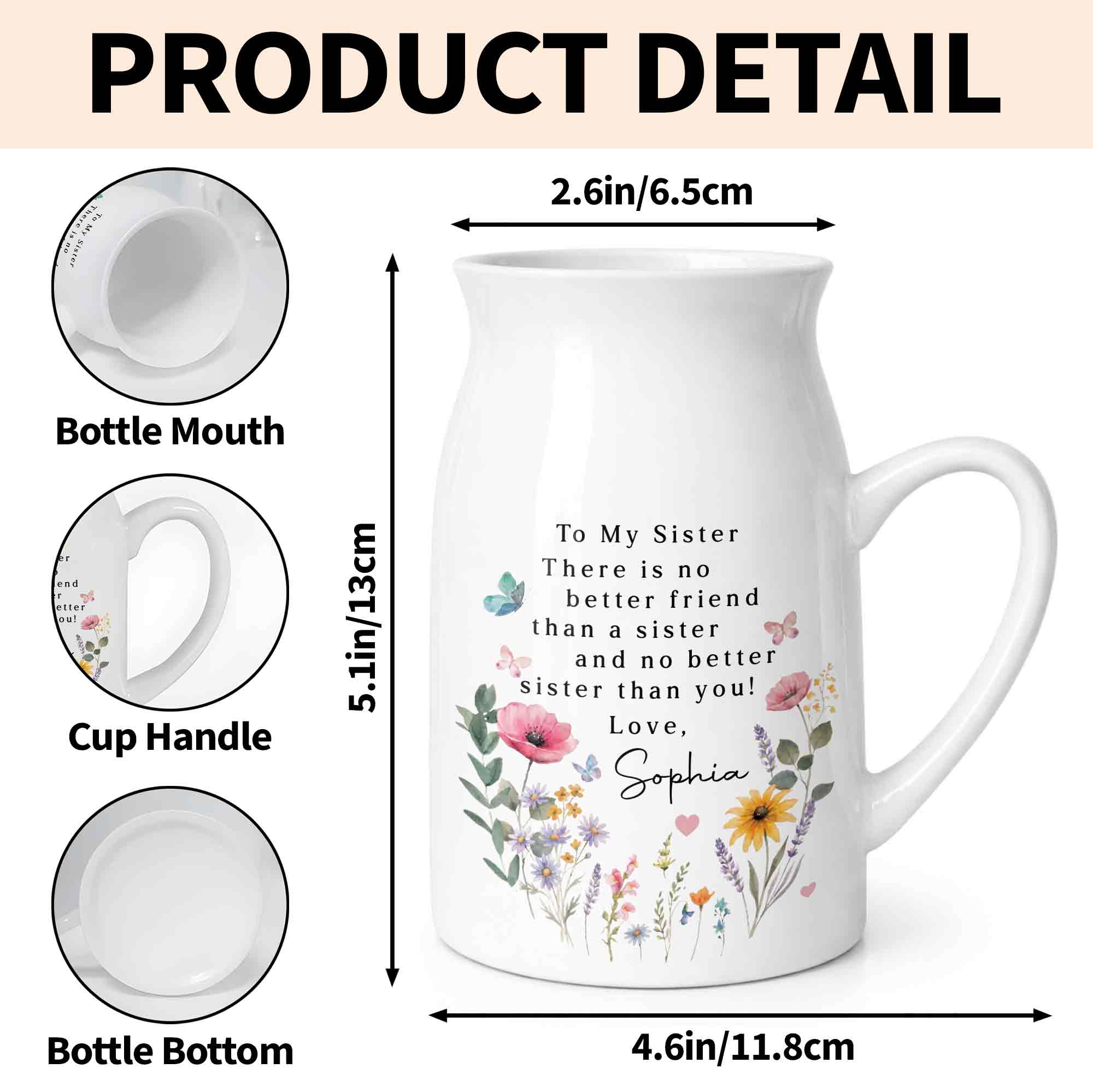 Personalized Ceramic Flower Vase Gift for Sister Butterfly Design