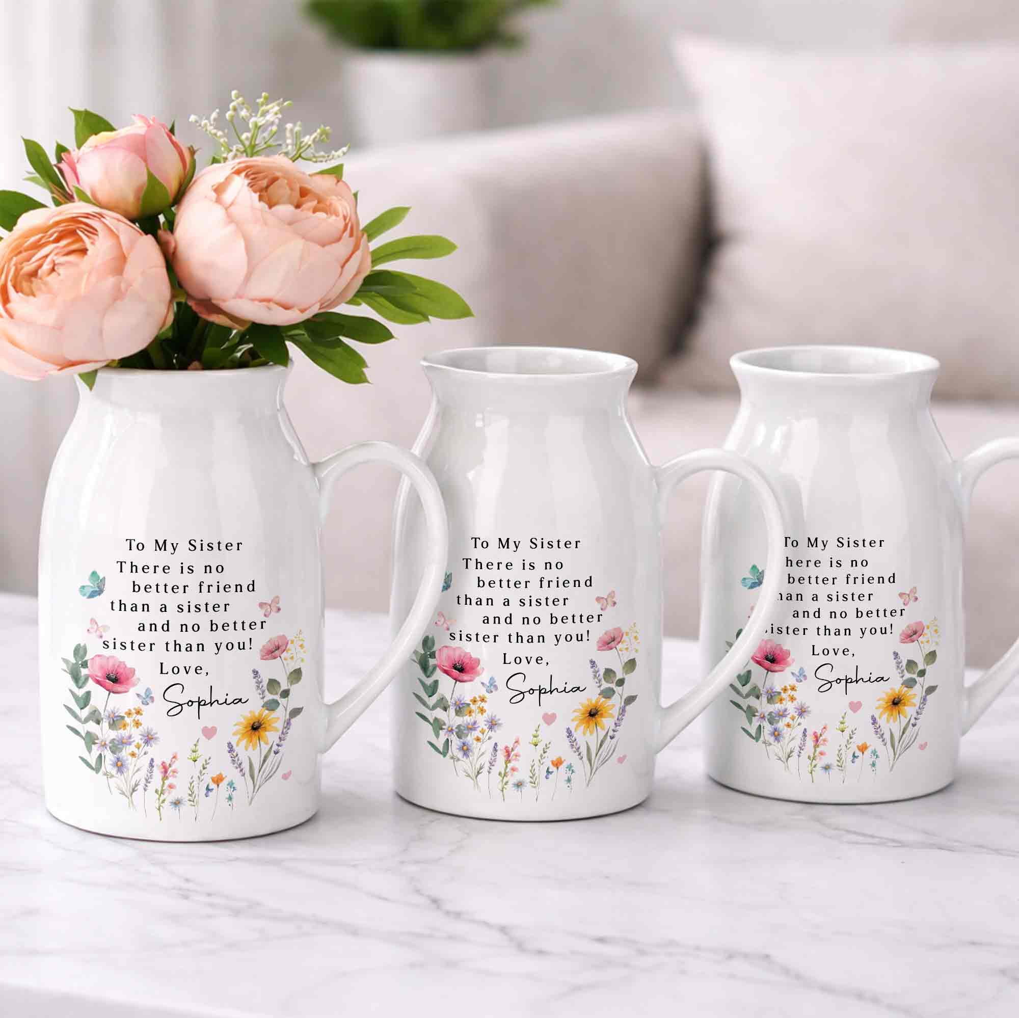Personalized Ceramic Flower Vase Gift for Sister Butterfly Design