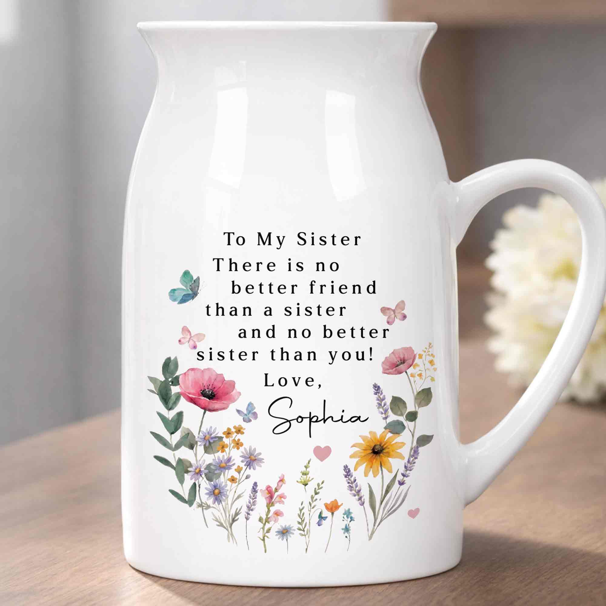 Personalized Ceramic Flower Vase Gift for Sister Butterfly Design