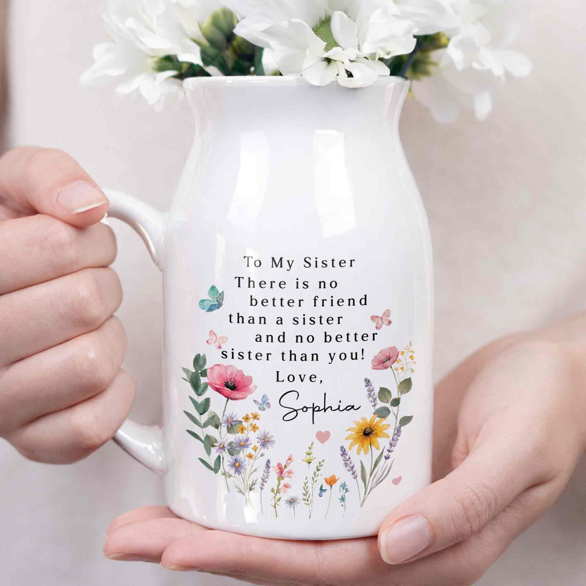 Personalized Ceramic Flower Vase Gift for Sister Butterfly Design