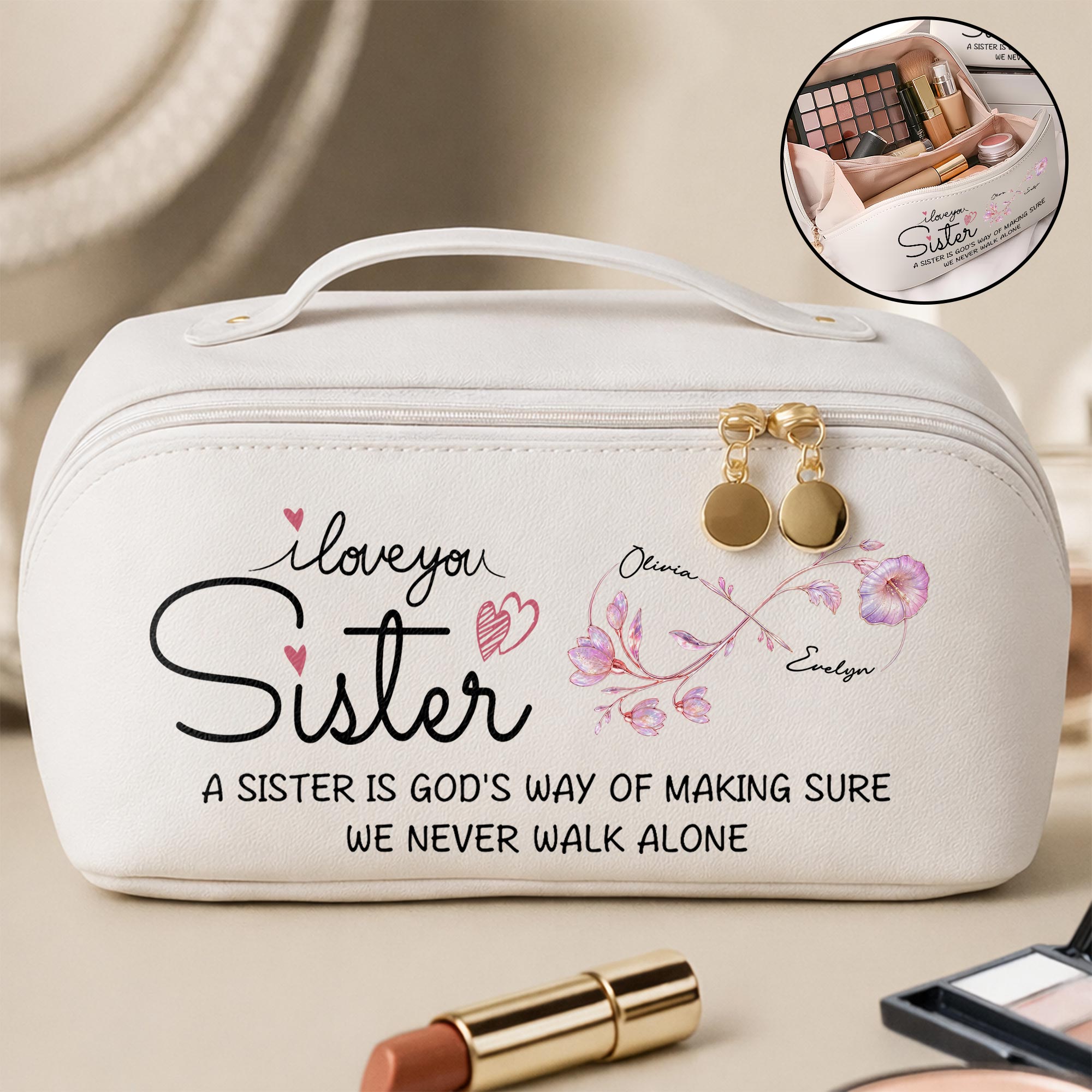 Personalized Faux Leather Makeup Bag Custom Design for Sister