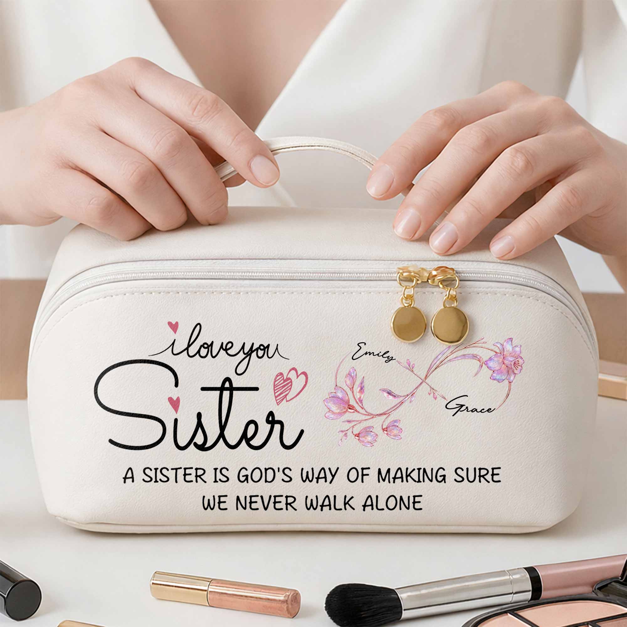 Personalized Faux Leather Makeup Bag Custom Design for Sister