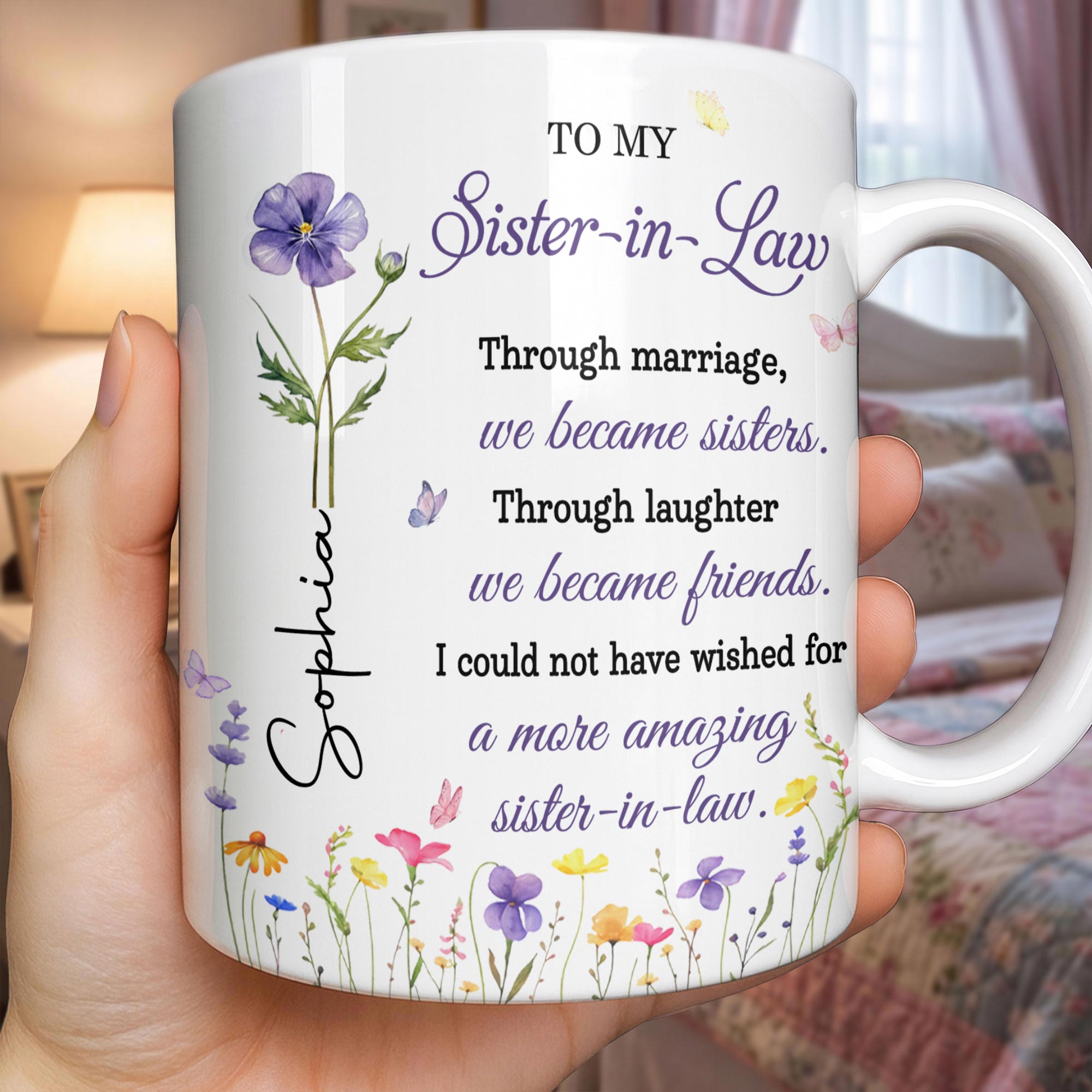 Personalized Purple Flower Butterflies Coffee Mug Gift for Sister-in-Law