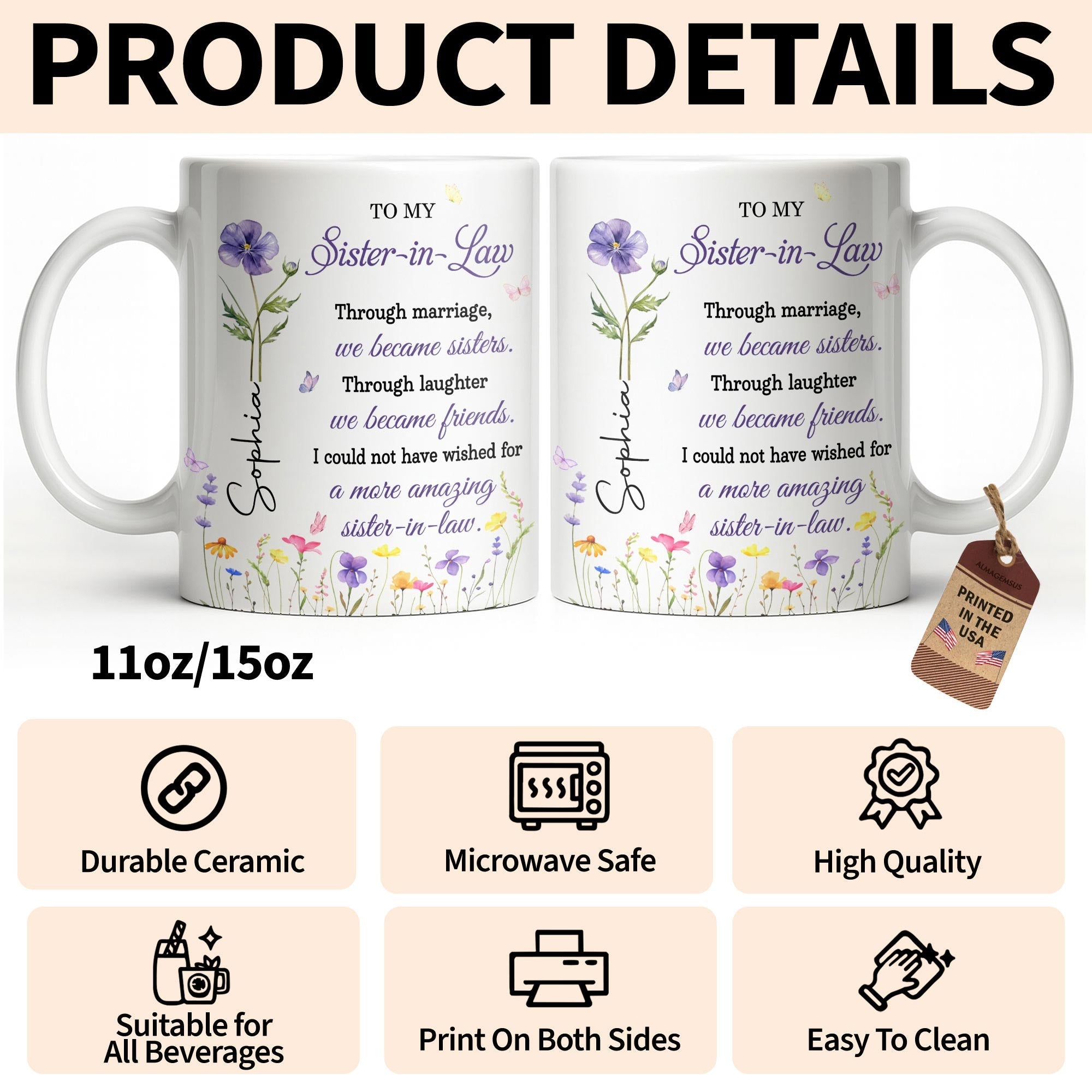 Personalized Purple Flower Butterflies Coffee Mug Gift for Sister-in-Law