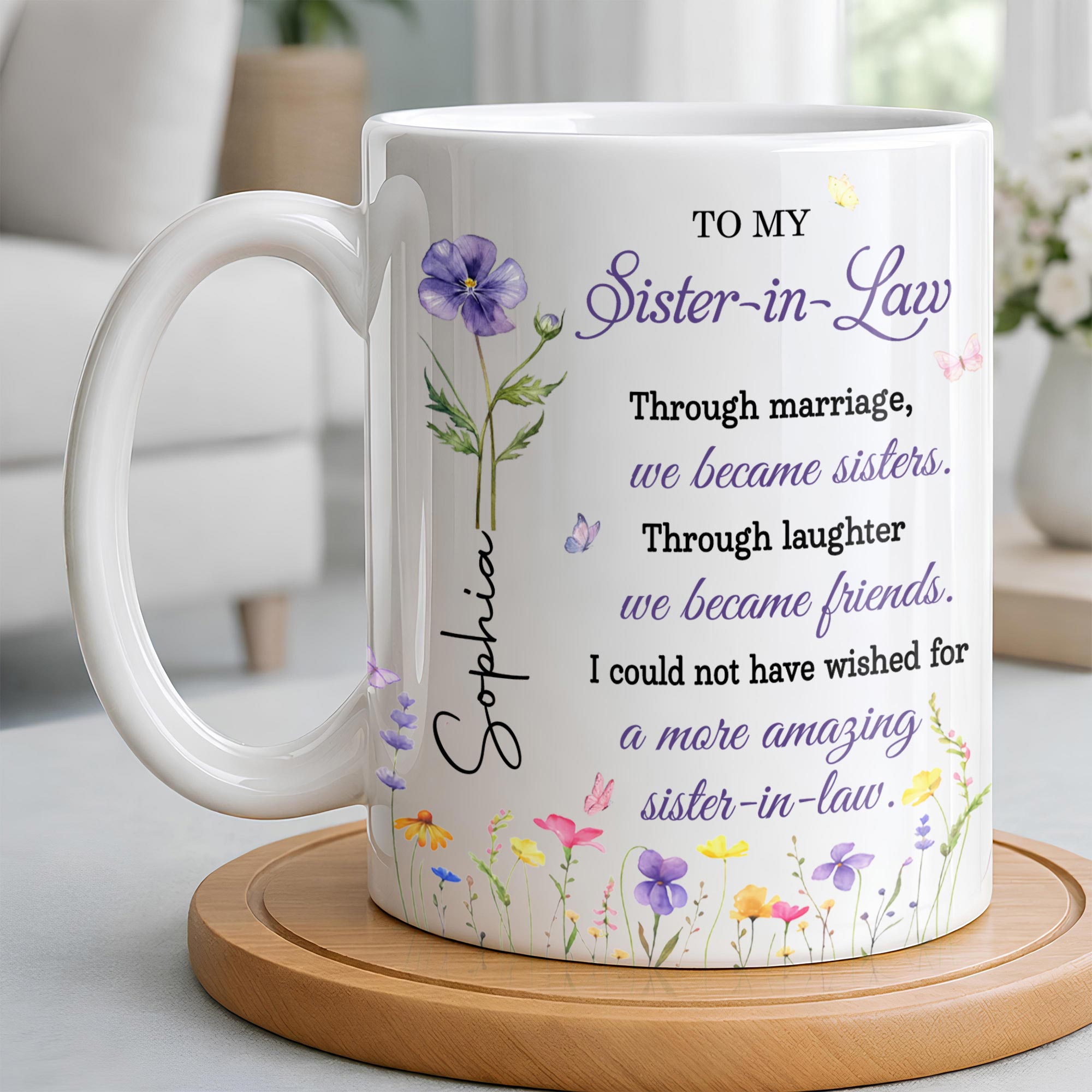 Personalized Purple Flower Butterflies Coffee Mug Gift for Sister-in-Law
