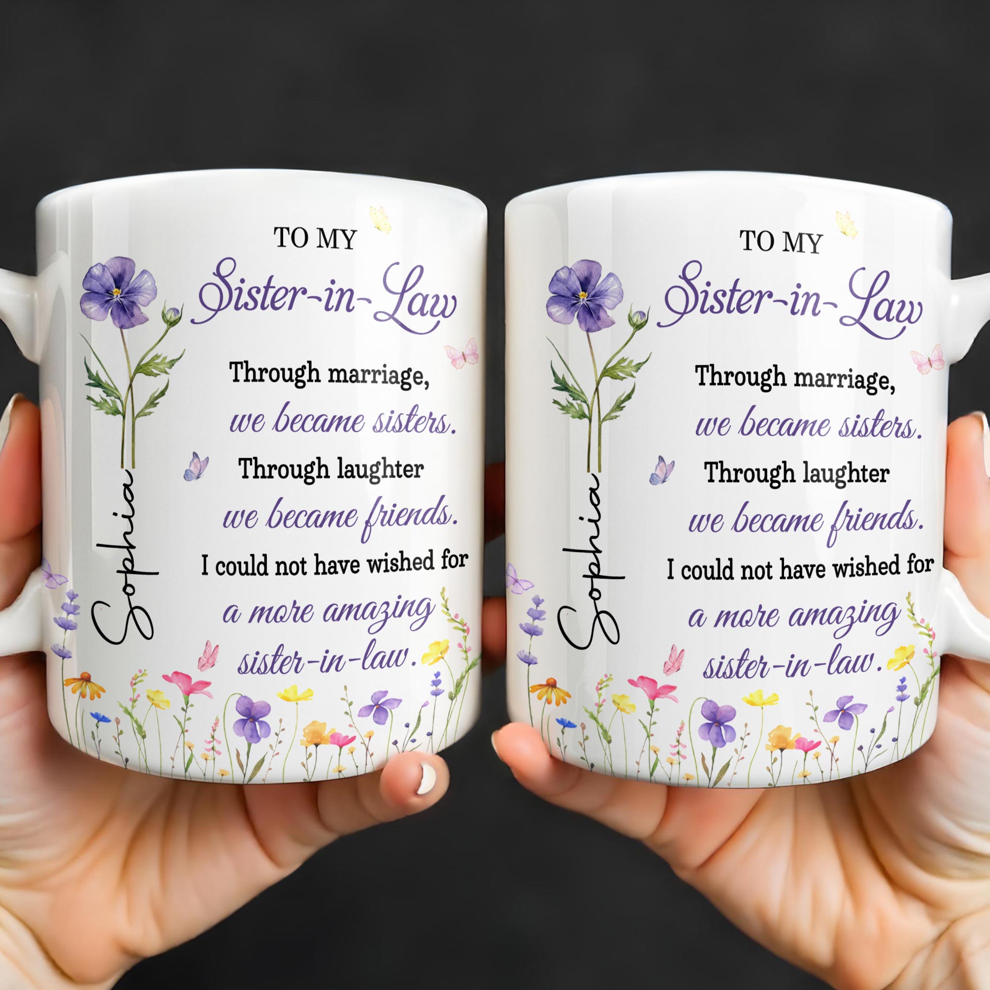 Personalized Purple Flower Butterflies Coffee Mug Gift for Sister-in-Law