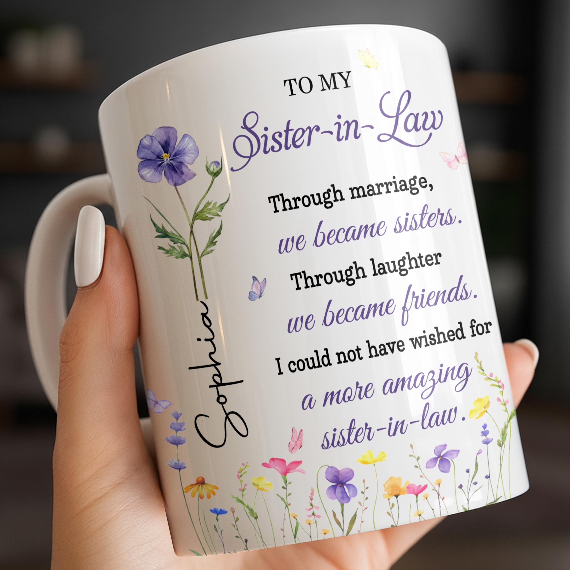 Personalized Purple Flower Butterflies Coffee Mug Gift for Sister-in-Law