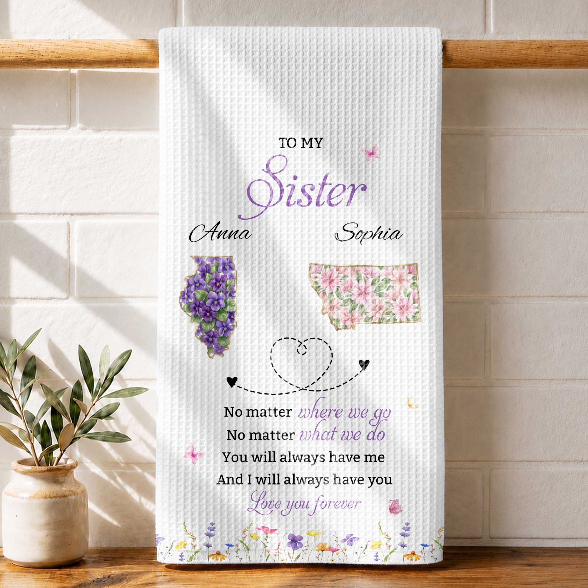 Personalized Kitchen Towel Custom Gift for Sister Flowers State Maps