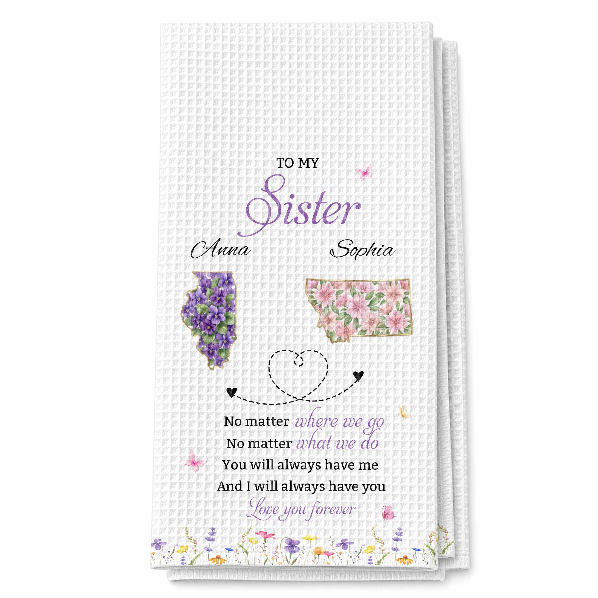 Personalized Kitchen Towel Custom Gift for Sister Flowers State Maps