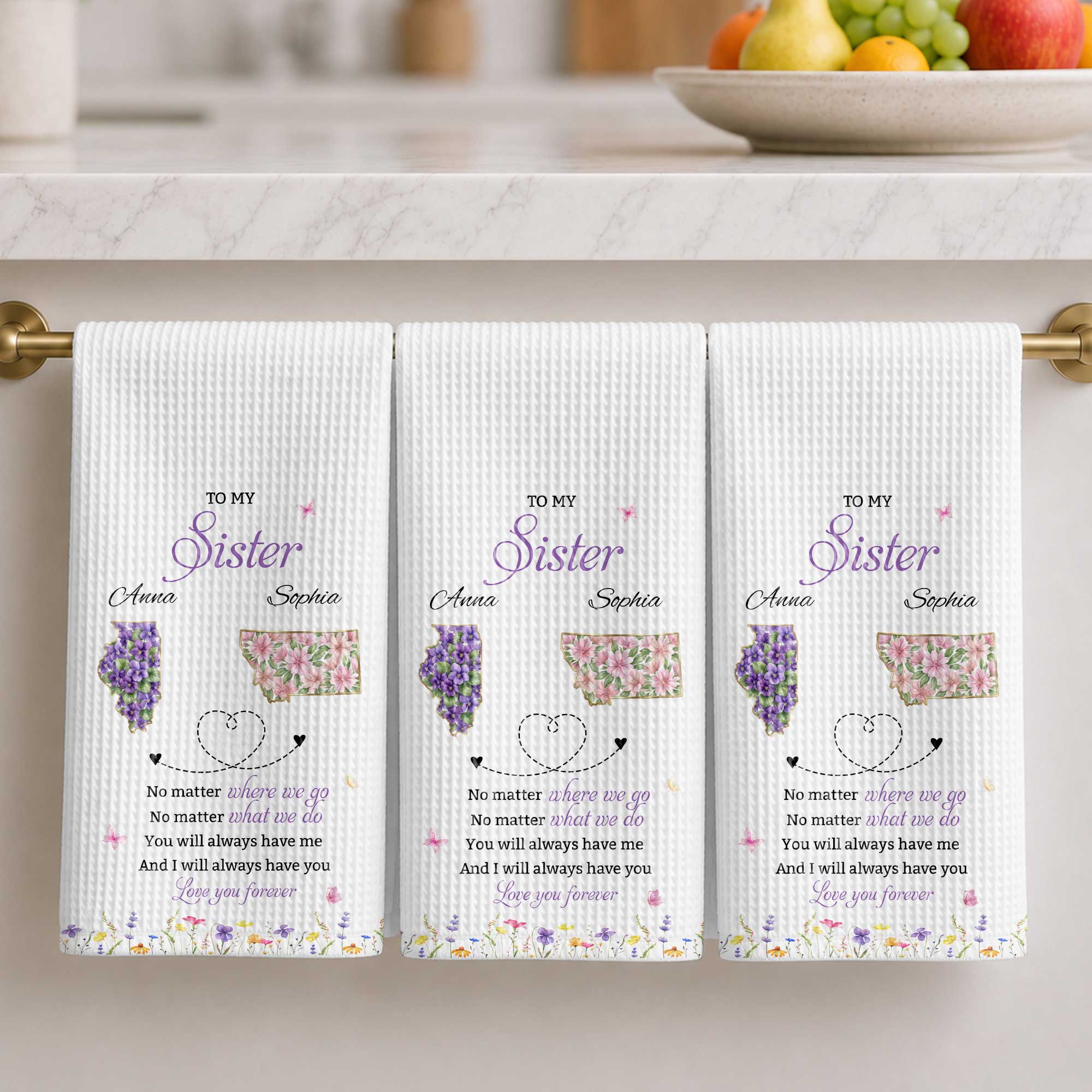Personalized Kitchen Towel Custom Gift for Sister Flowers State Maps