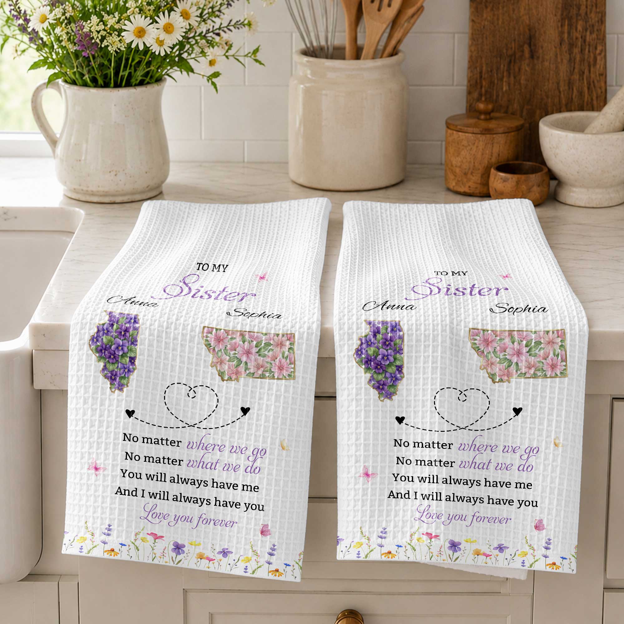 Personalized Kitchen Towel Custom Gift for Sister Flowers State Maps