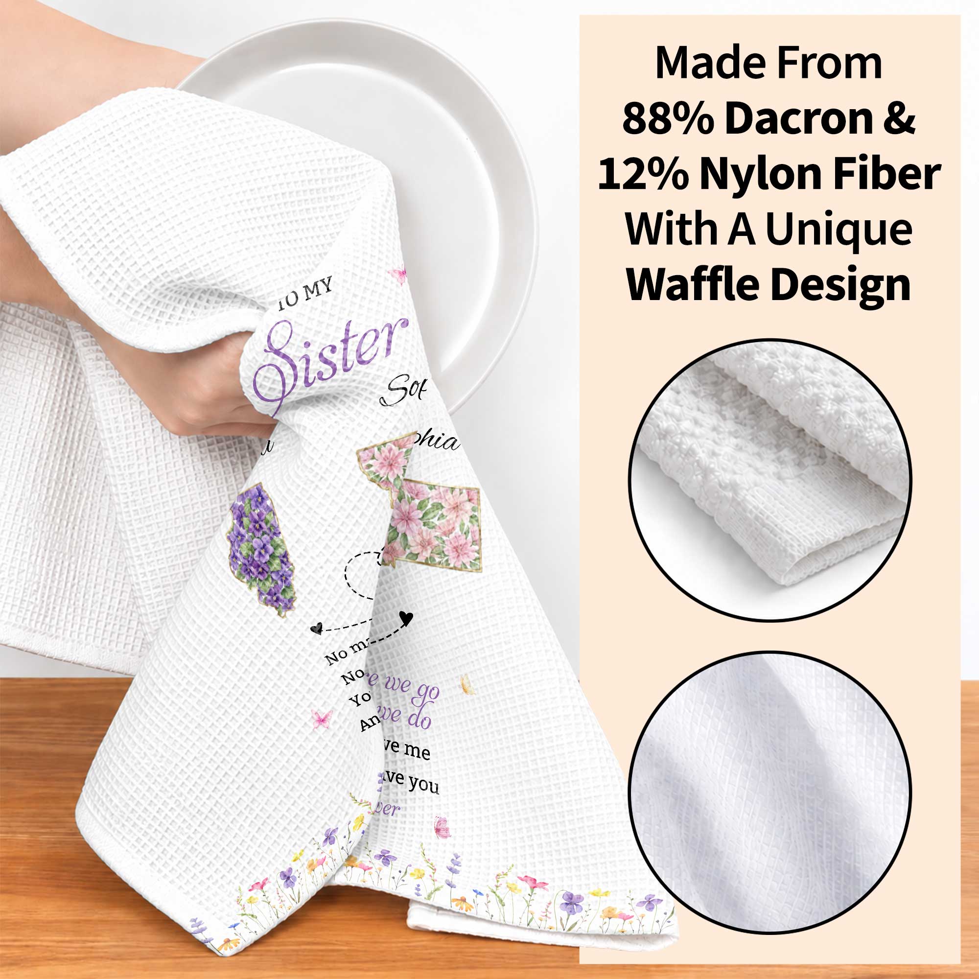 Personalized Kitchen Towel Custom Gift for Sister Flowers State Maps