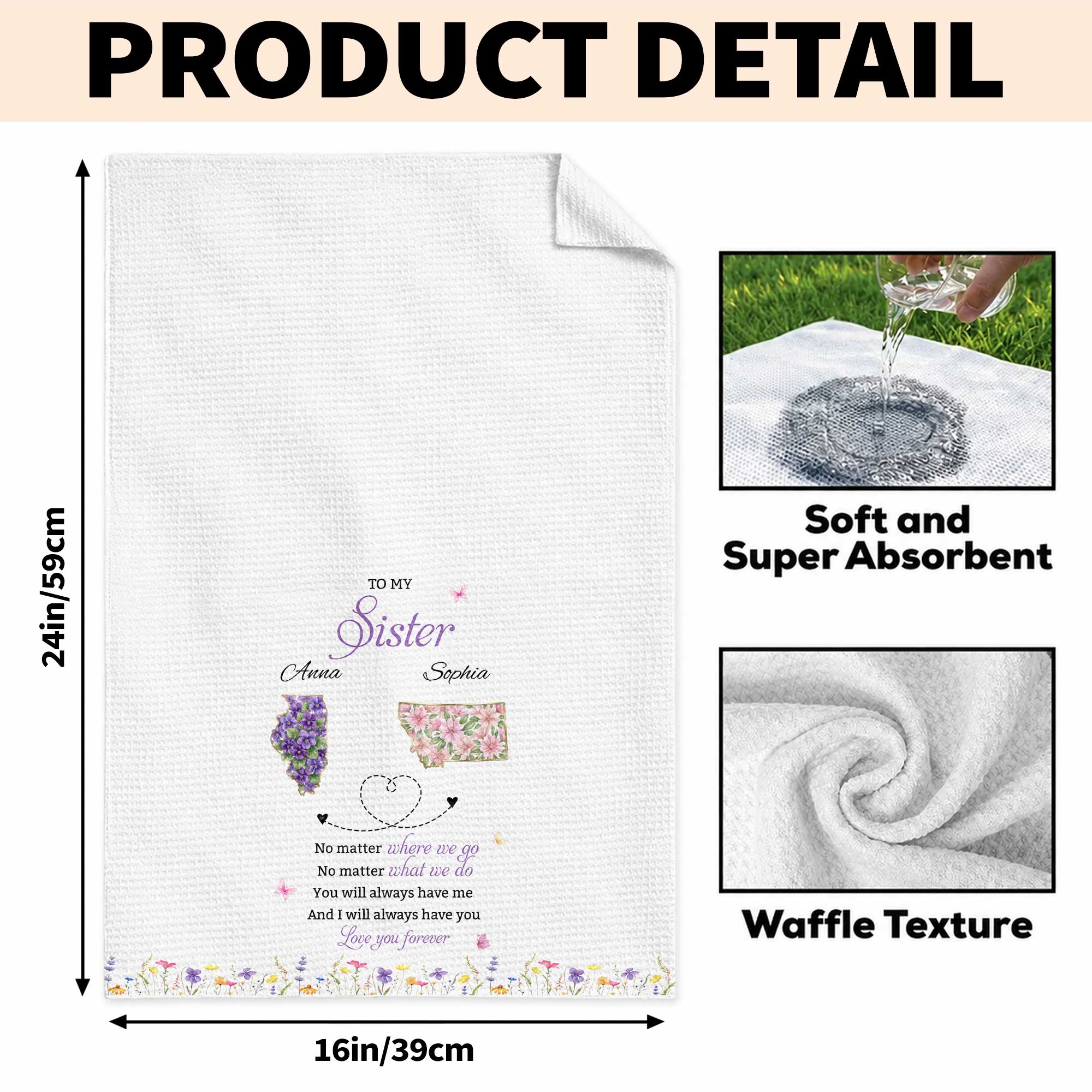 Personalized Kitchen Towel Custom Gift for Sister Flowers State Maps