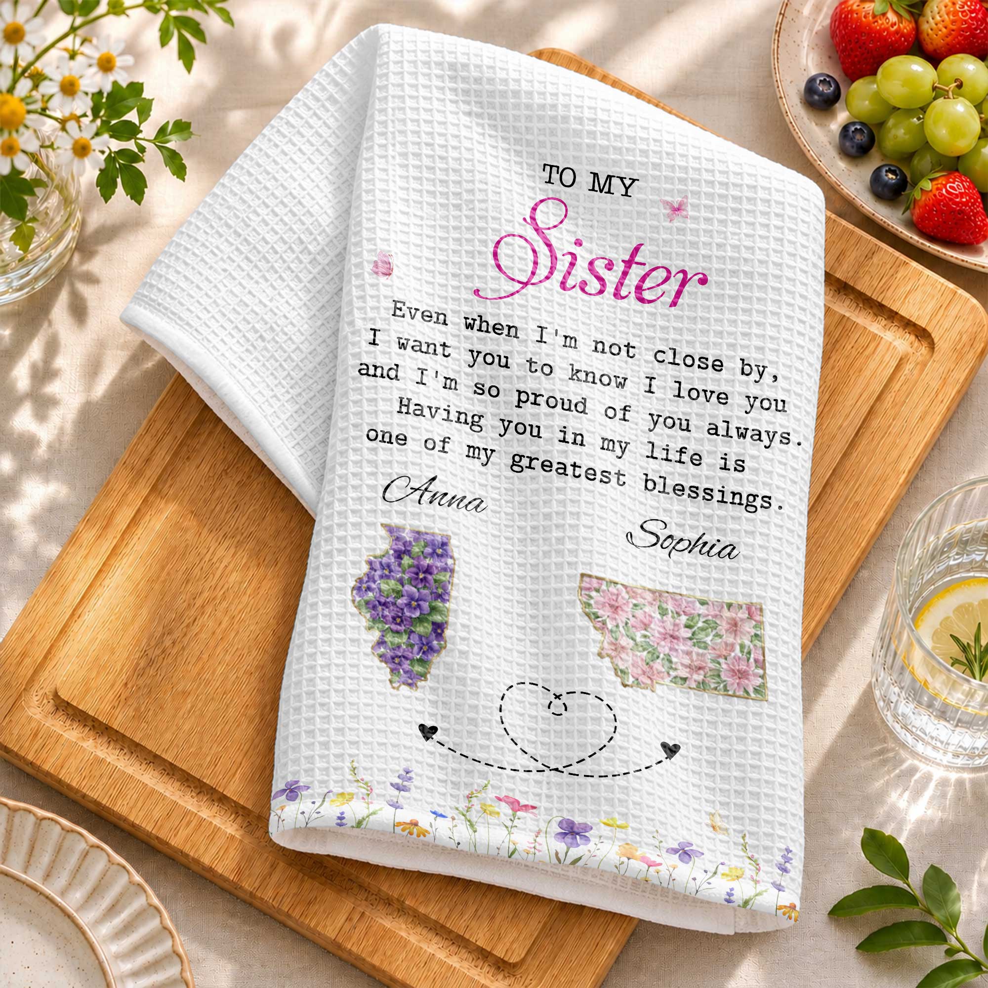 Personalized Kitchen Towel Custom Gift for Sister Flowers