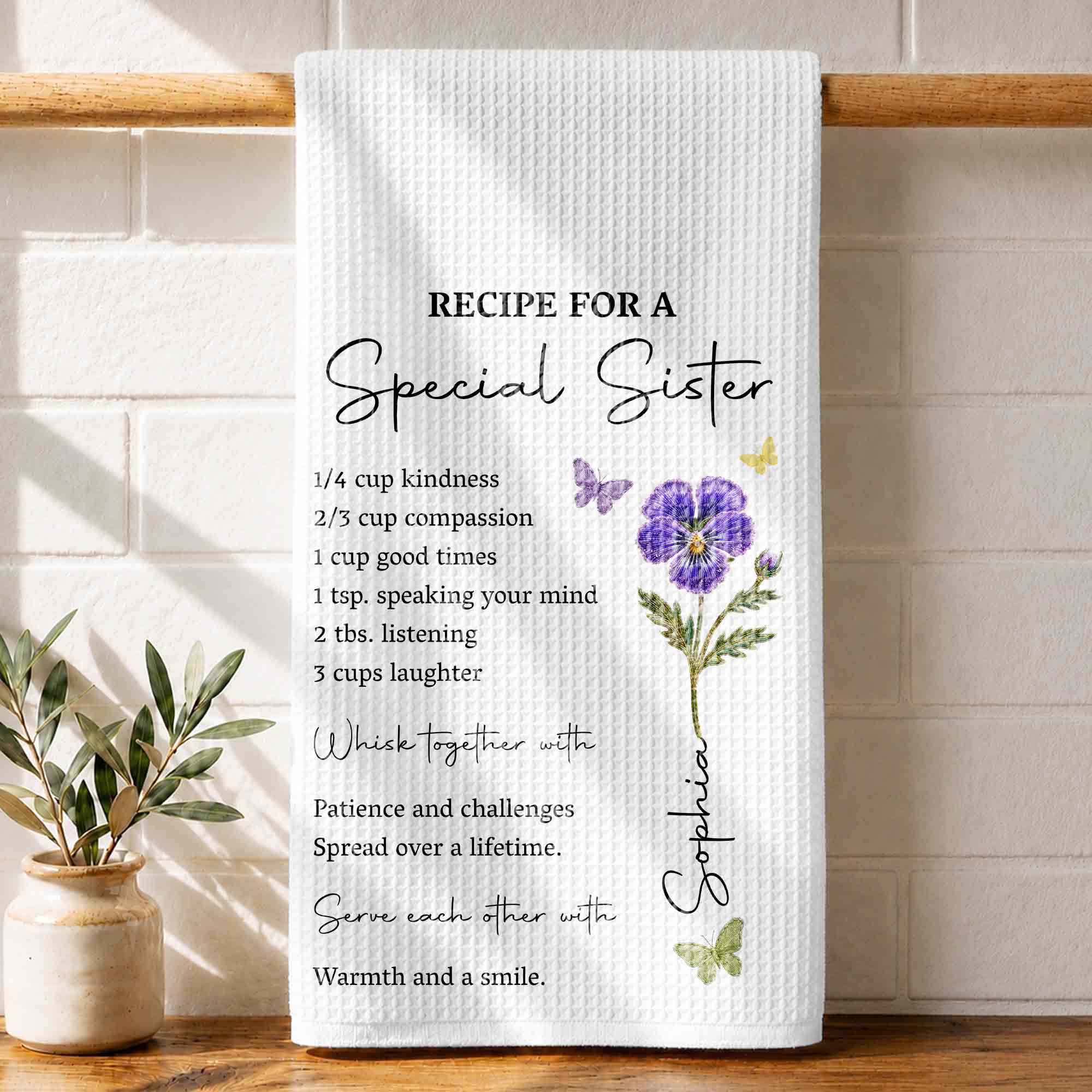 Personalized Kitchen Towel for Sister Birth Month Flowers & Butterflies Custom Gift
