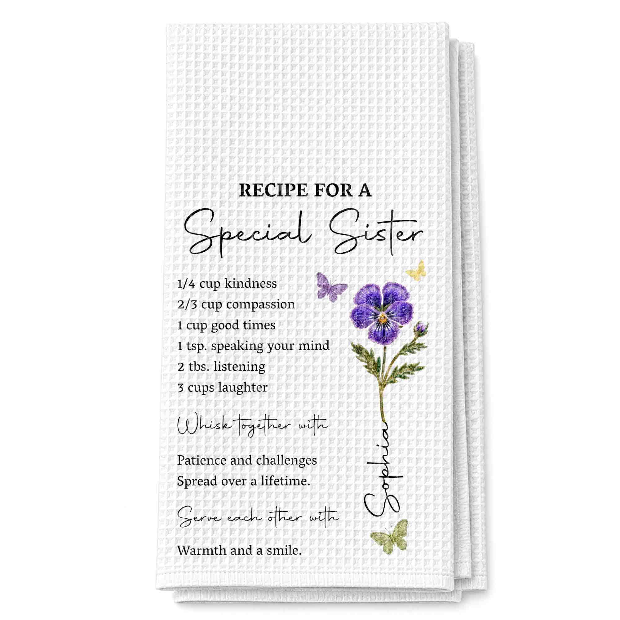 Personalized Kitchen Towel for Sister Birth Month Flowers & Butterflies Custom Gift