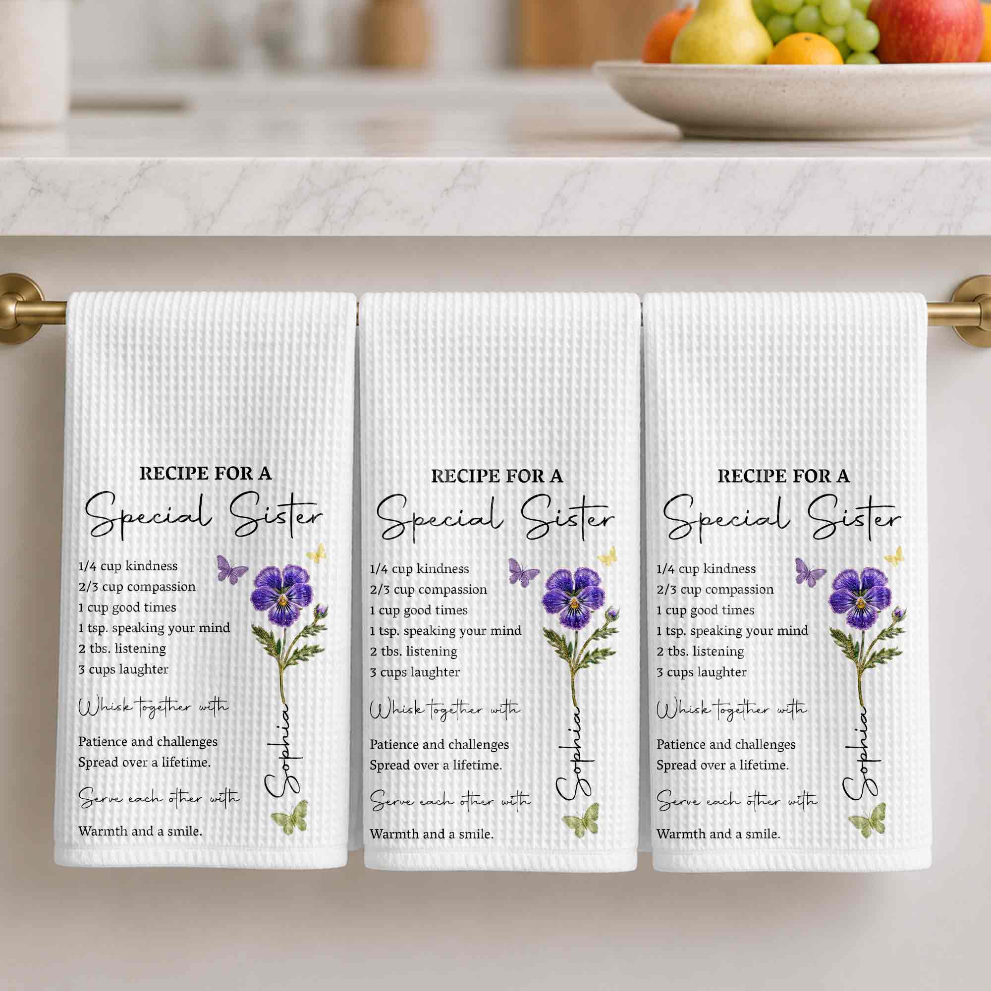 Personalized Kitchen Towel for Sister Birth Month Flowers & Butterflies Custom Gift