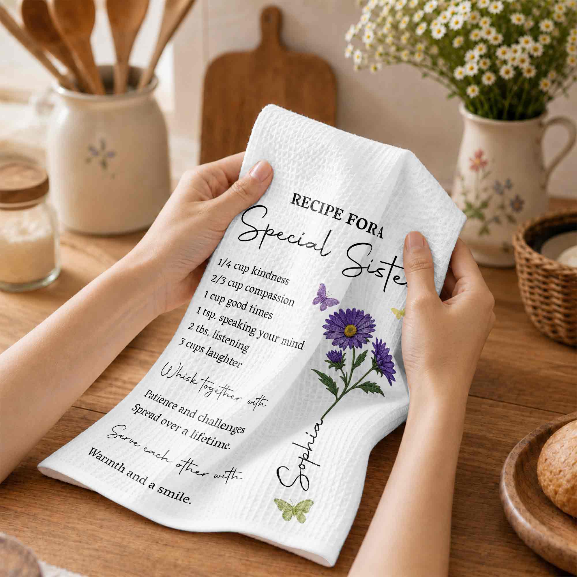 Personalized Kitchen Towel Recipe for Sister with Butterflies