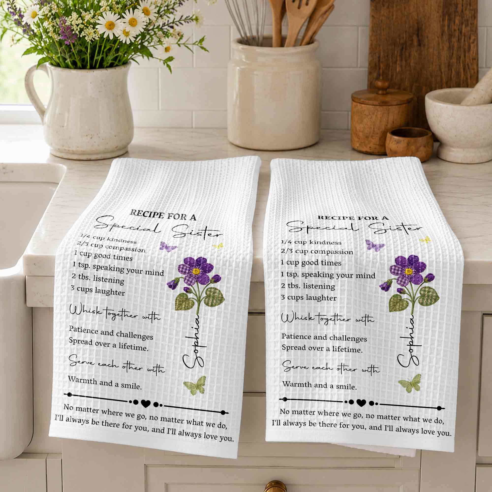 Personalized Birth Month Flowers Kitchen Towel Gift for Sister