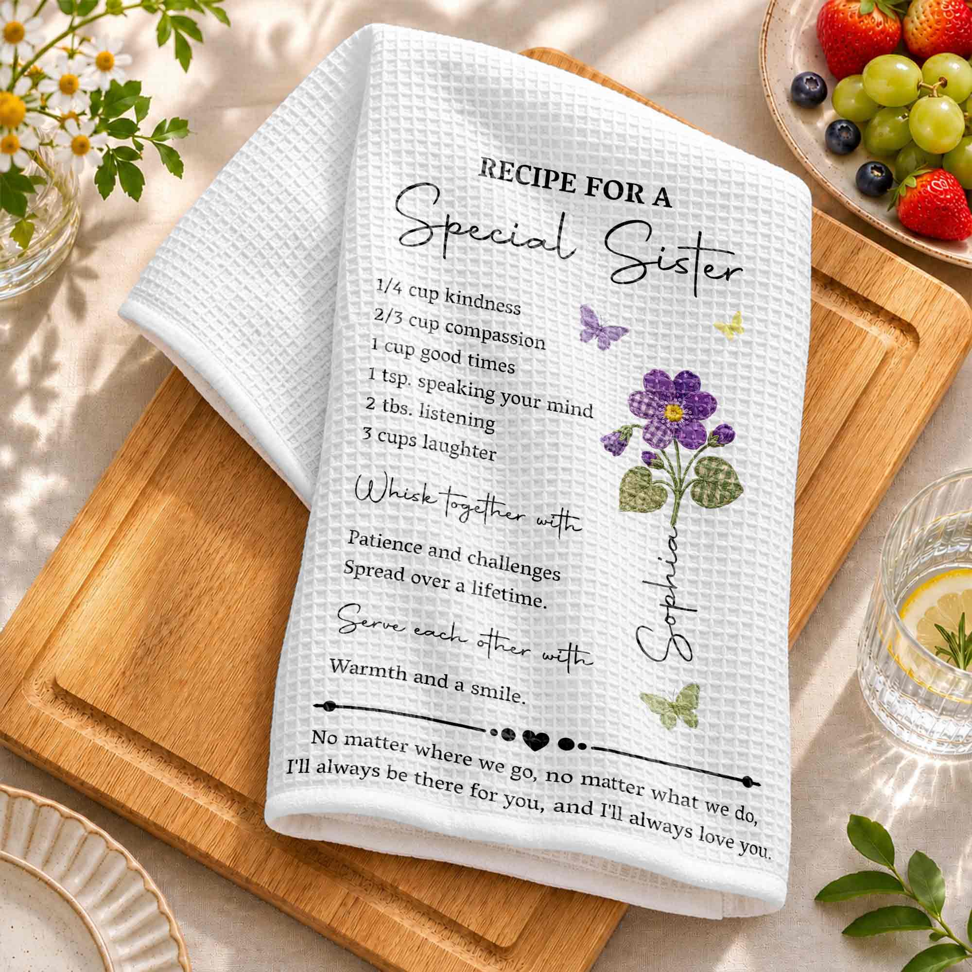 Personalized Birth Month Flowers Kitchen Towel Gift for Sister