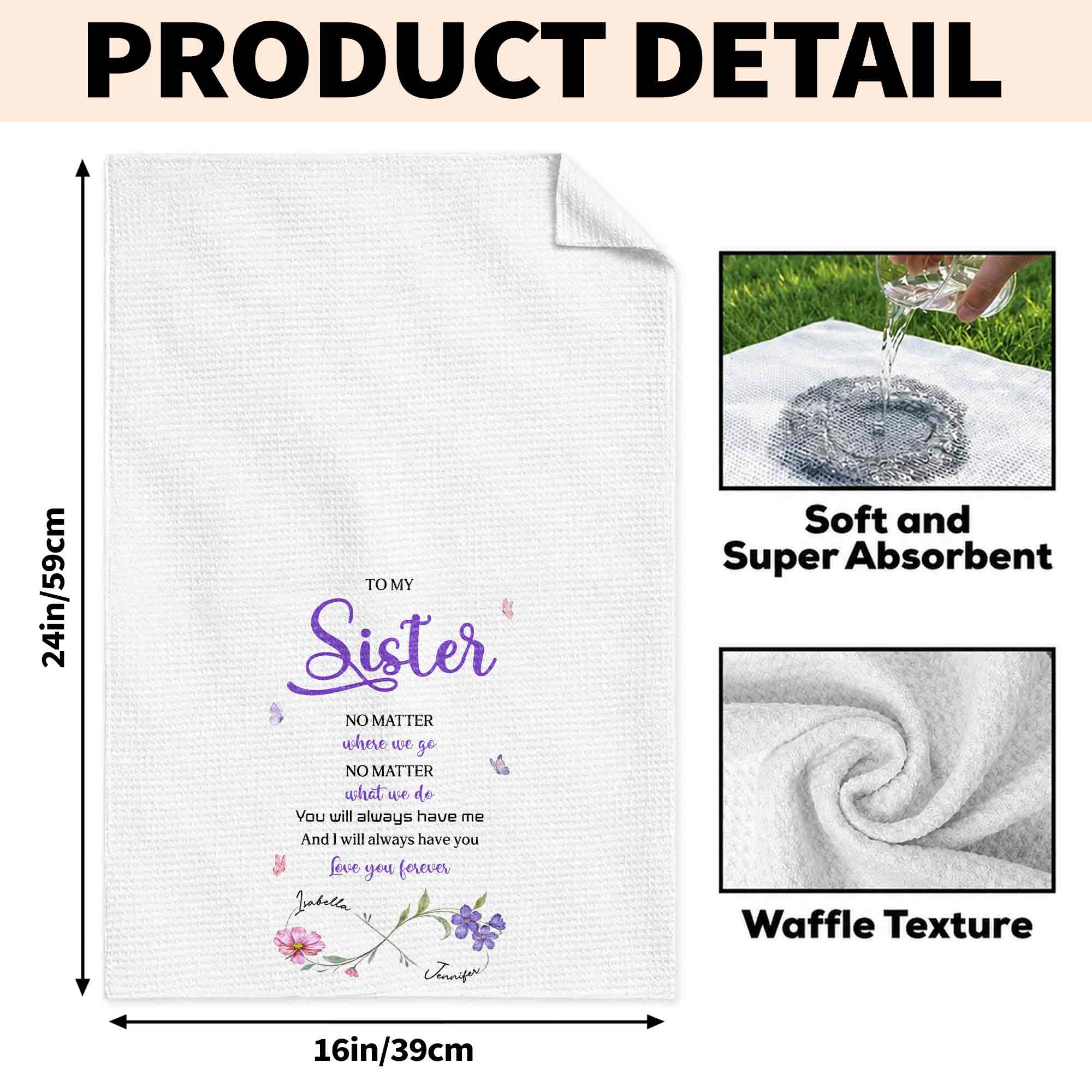 Personalized Kitchen Towel for Sister with Flowers & Butterflies