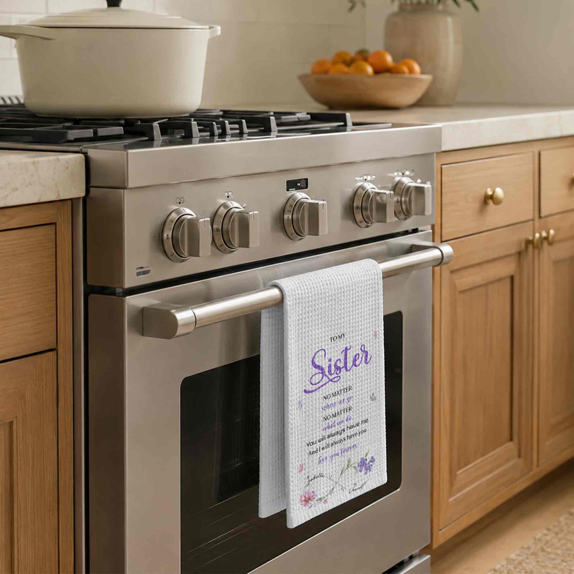 Personalized Kitchen Towel for Sister with Flowers & Butterflies