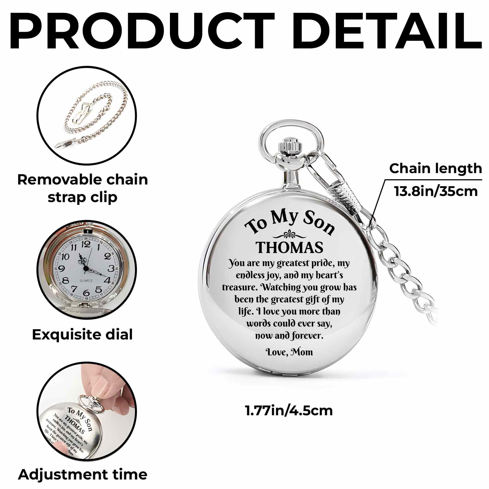 Personalized Engraved Silver Plated Pocket Watch Gift for Son