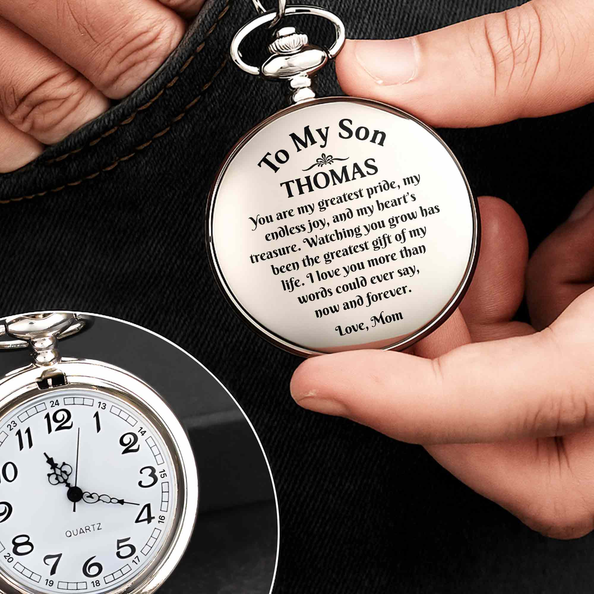 Personalized Engraved Silver Plated Pocket Watch Gift for Son