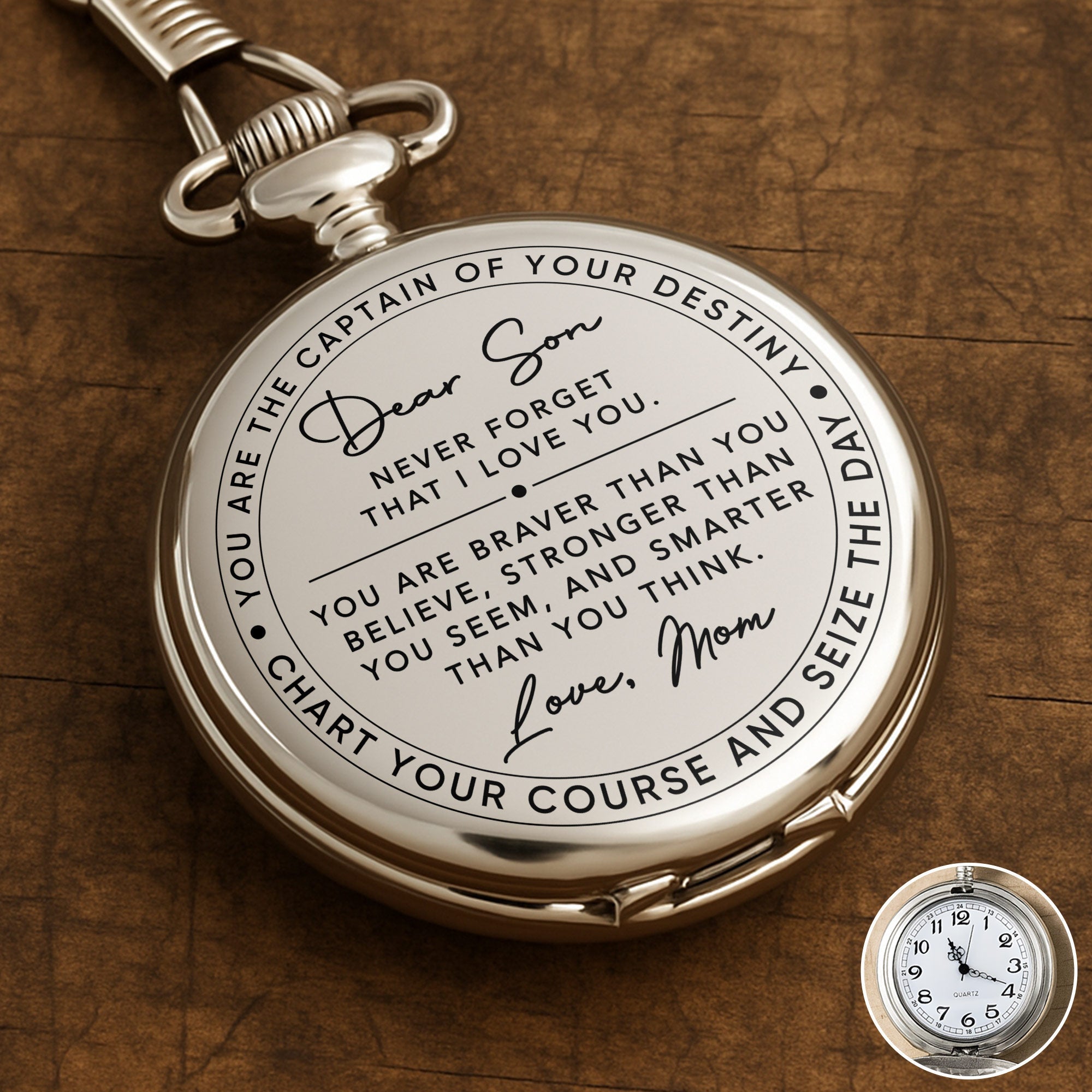 Personalized Silver-Plated Pocket Watch Custom Gift for Son