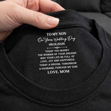 Load image into Gallery viewer, Personalized Wedding Day T-Shirt Custom Inside Neck Print for Son
