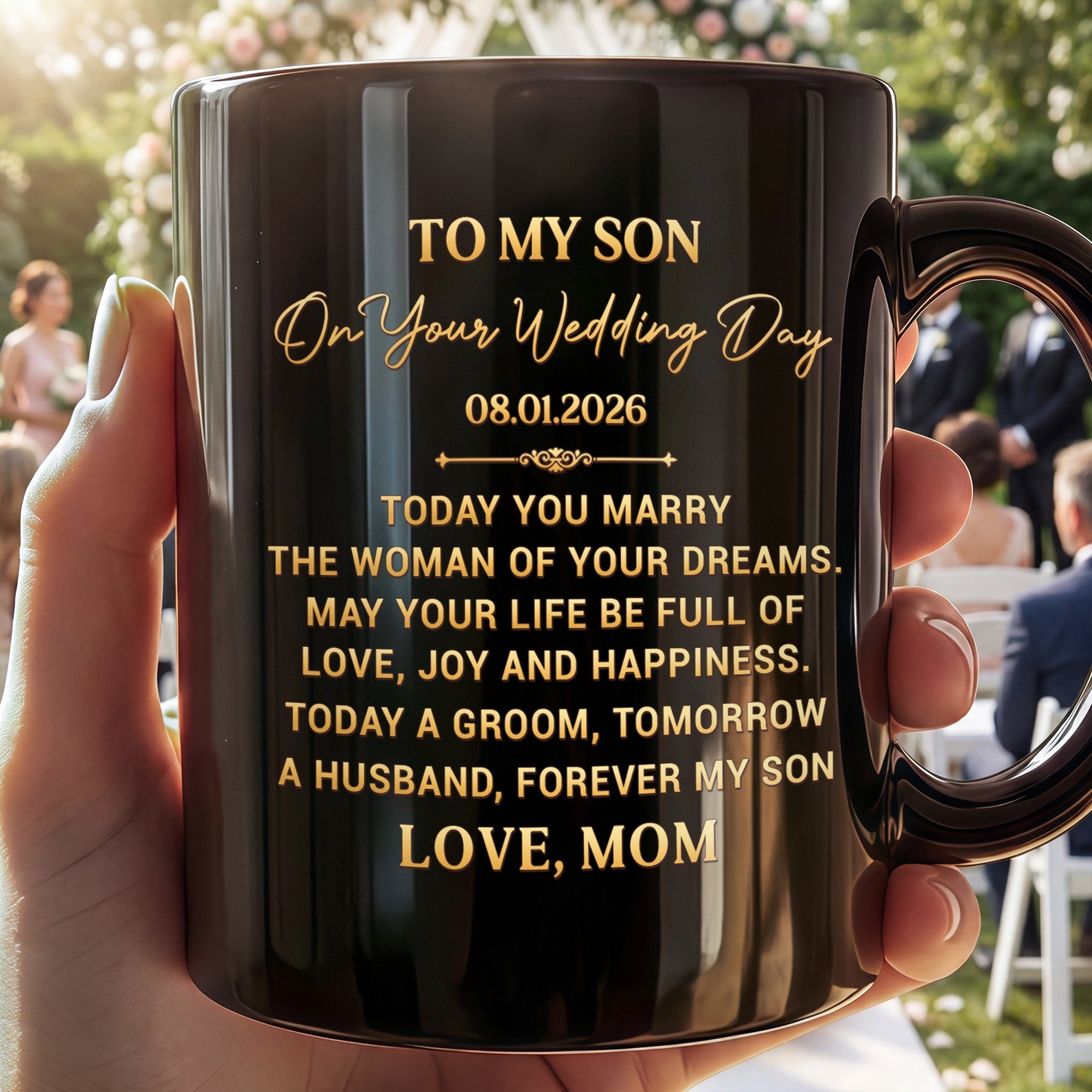 Personalized Black Mug for Son Wedding Day Gift Custom Quote