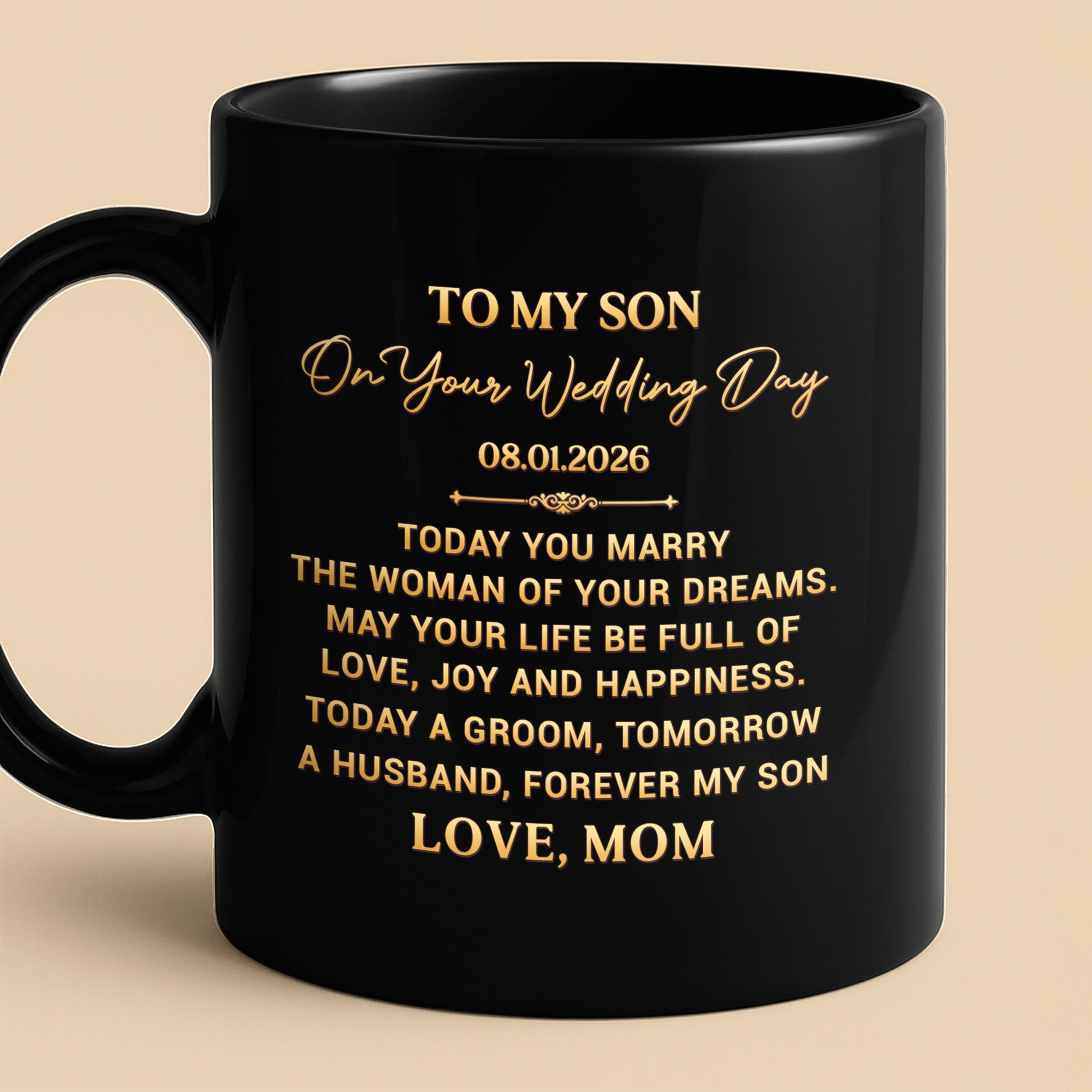 Personalized Black Mug for Son Wedding Day Gift Custom Quote