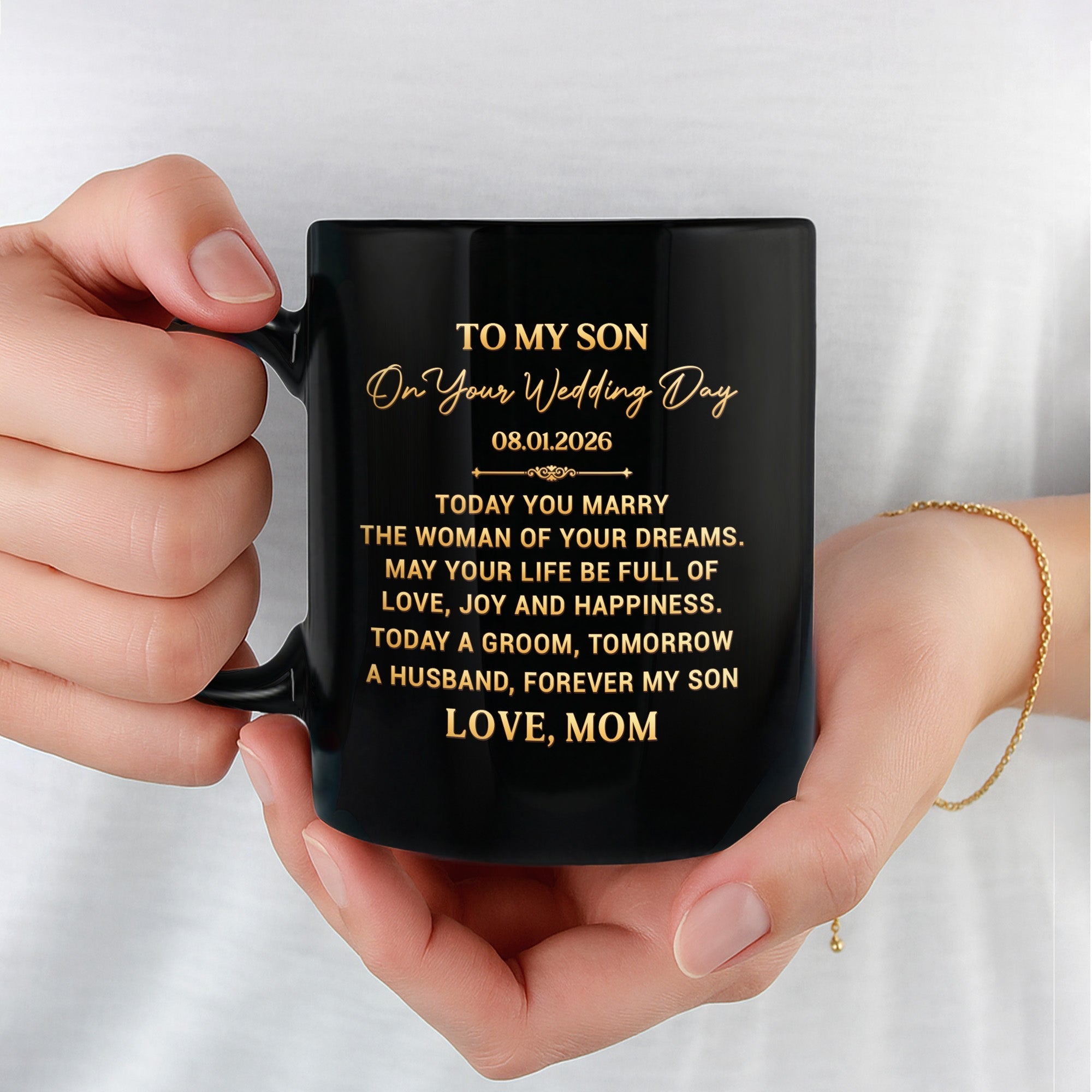 Personalized Black Mug for Son Wedding Day Gift Custom Quote