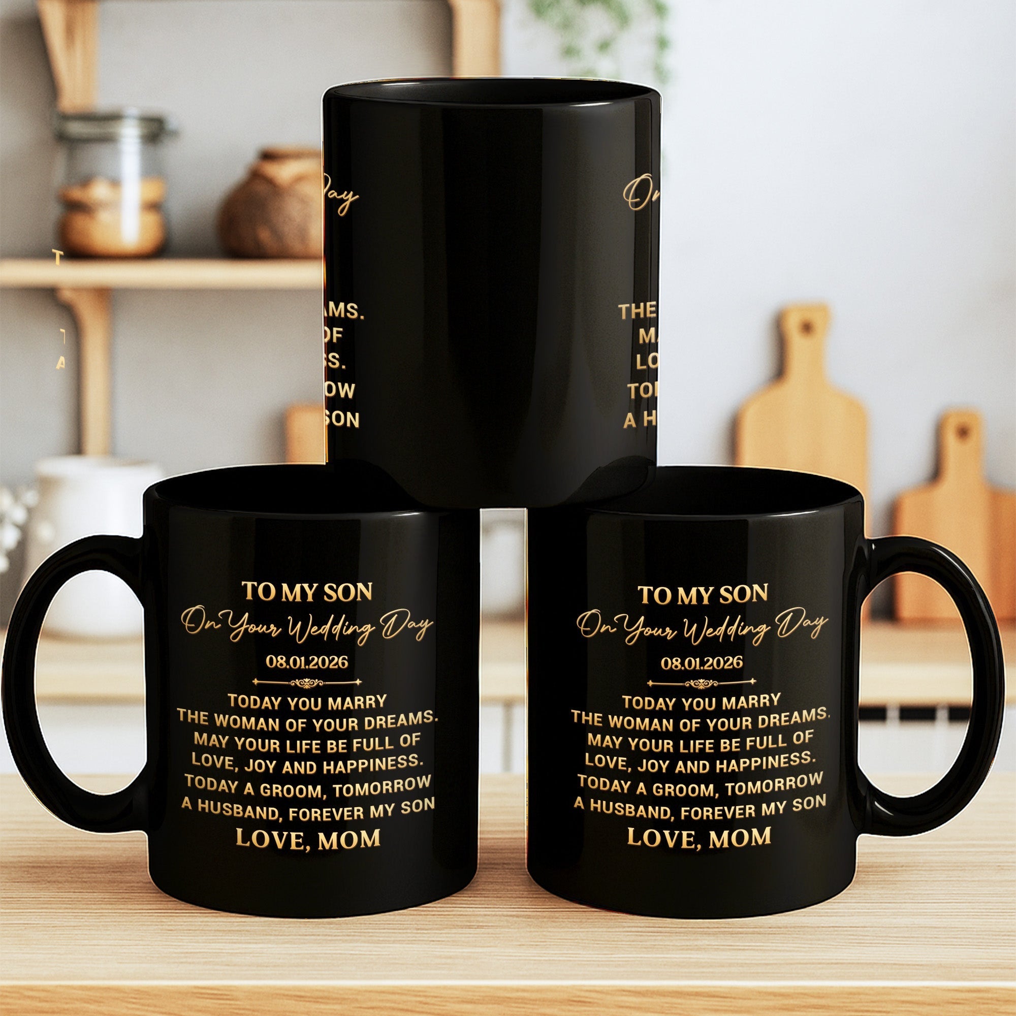 Personalized Black Mug for Son Wedding Day Gift Custom Quote