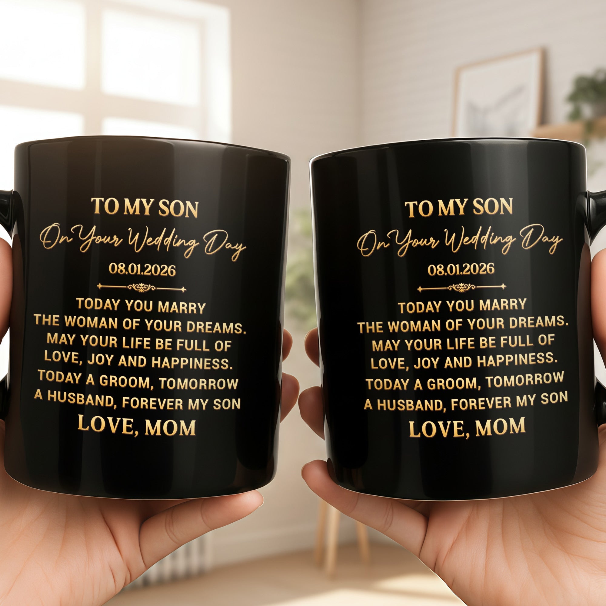 Personalized Black Mug for Son Wedding Day Gift Custom Quote