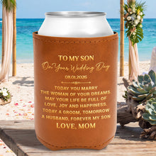Load image into Gallery viewer, Personalized Leather Can Cooler Gift for Son Wedding Day
