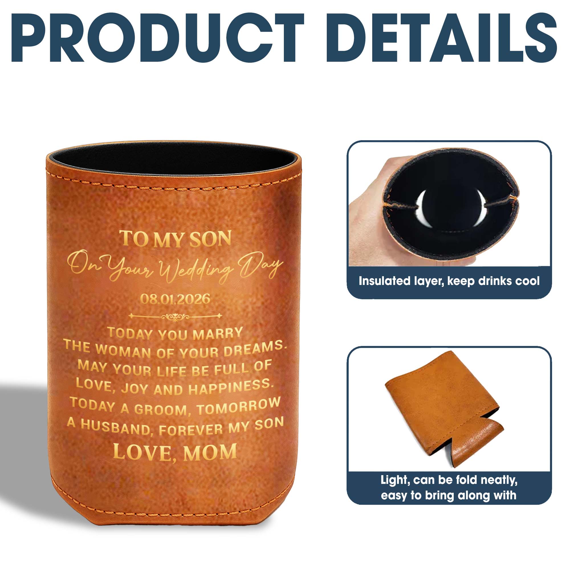 Personalized Leather Can Cooler Gift for Son Wedding Day