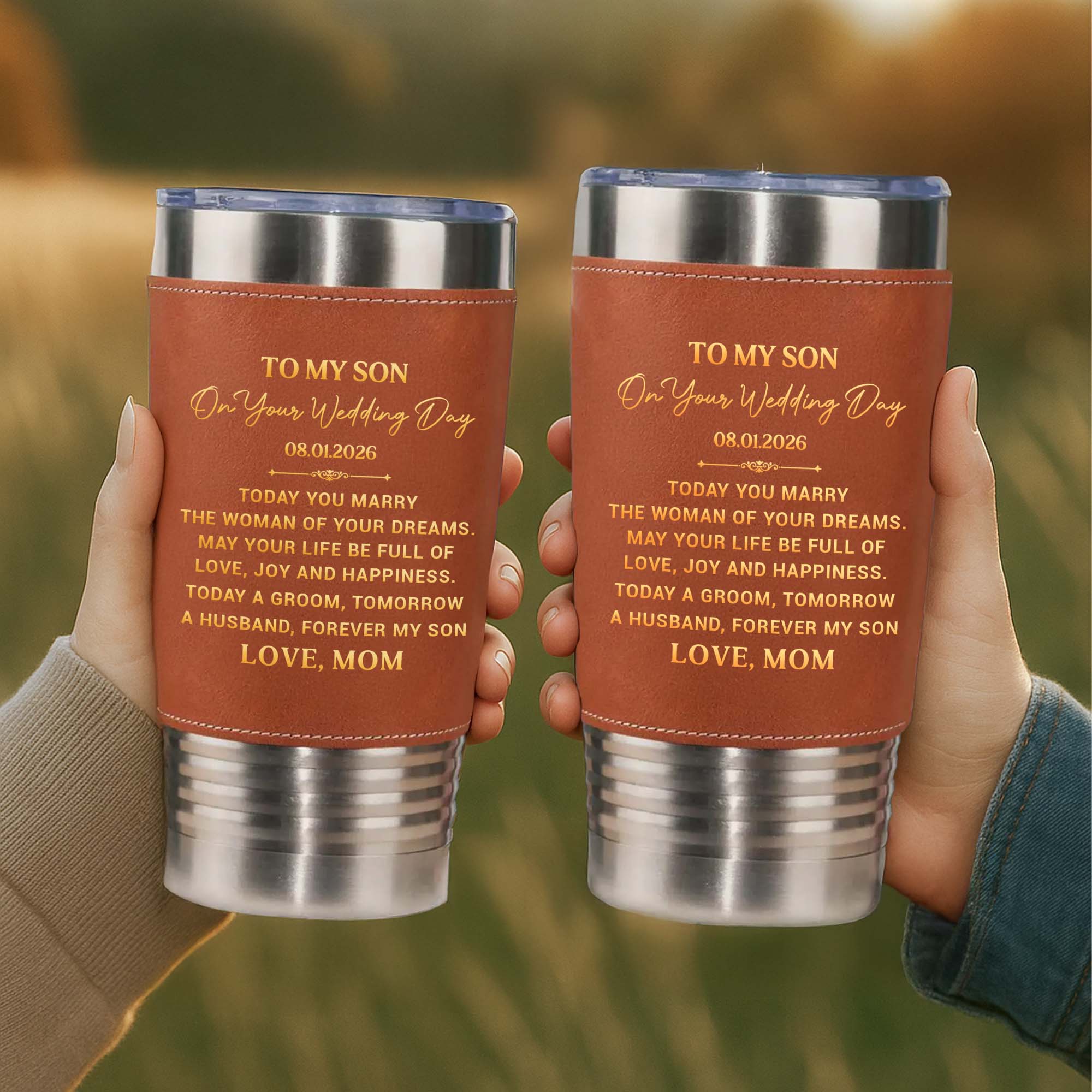 Personalized Leather Tumbler Engraved for Son Wedding Gift