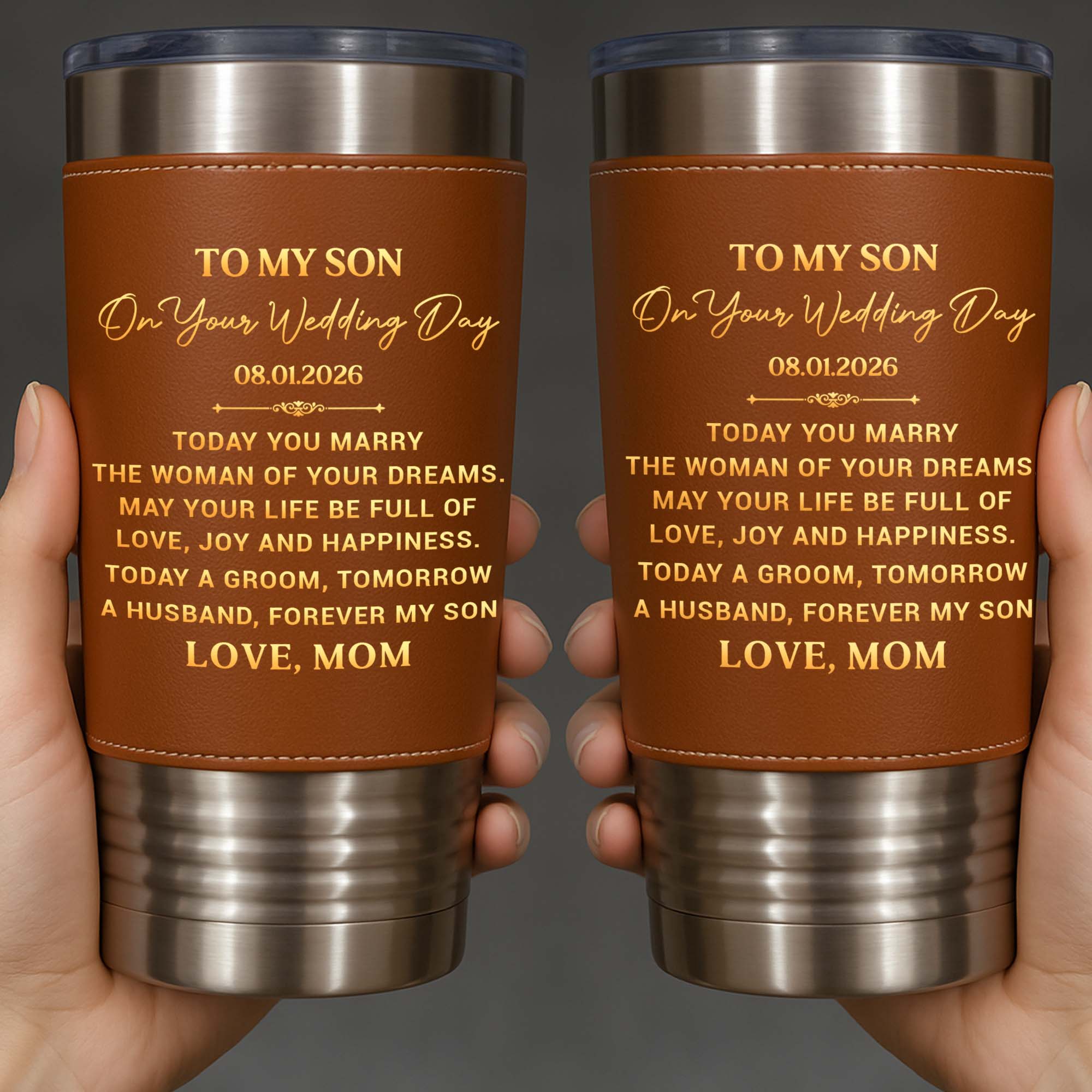 Personalized Leather Tumbler Engraved for Son Wedding Gift