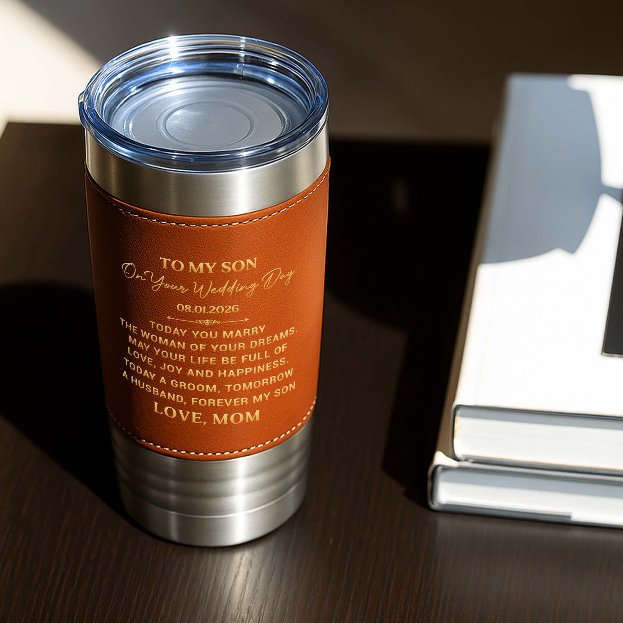 Personalized Leather Tumbler Engraved for Son Wedding Gift