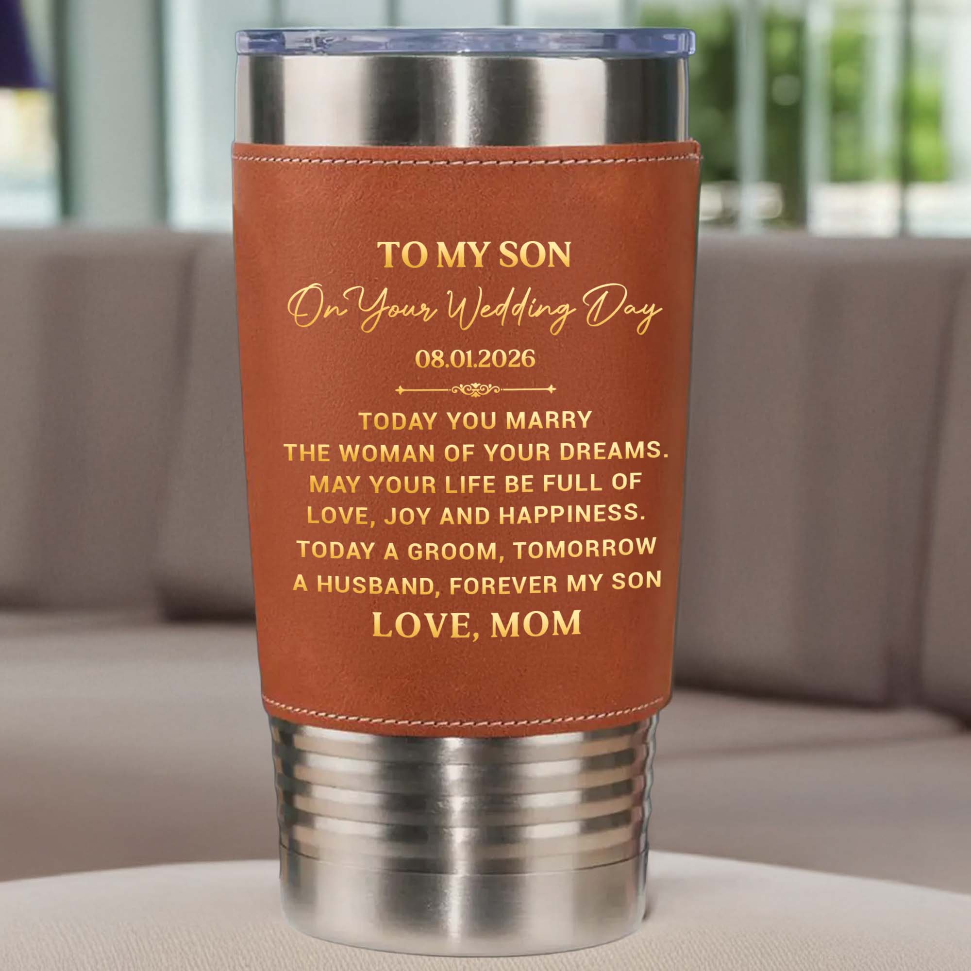 Personalized Leather Tumbler Engraved for Son Wedding Gift