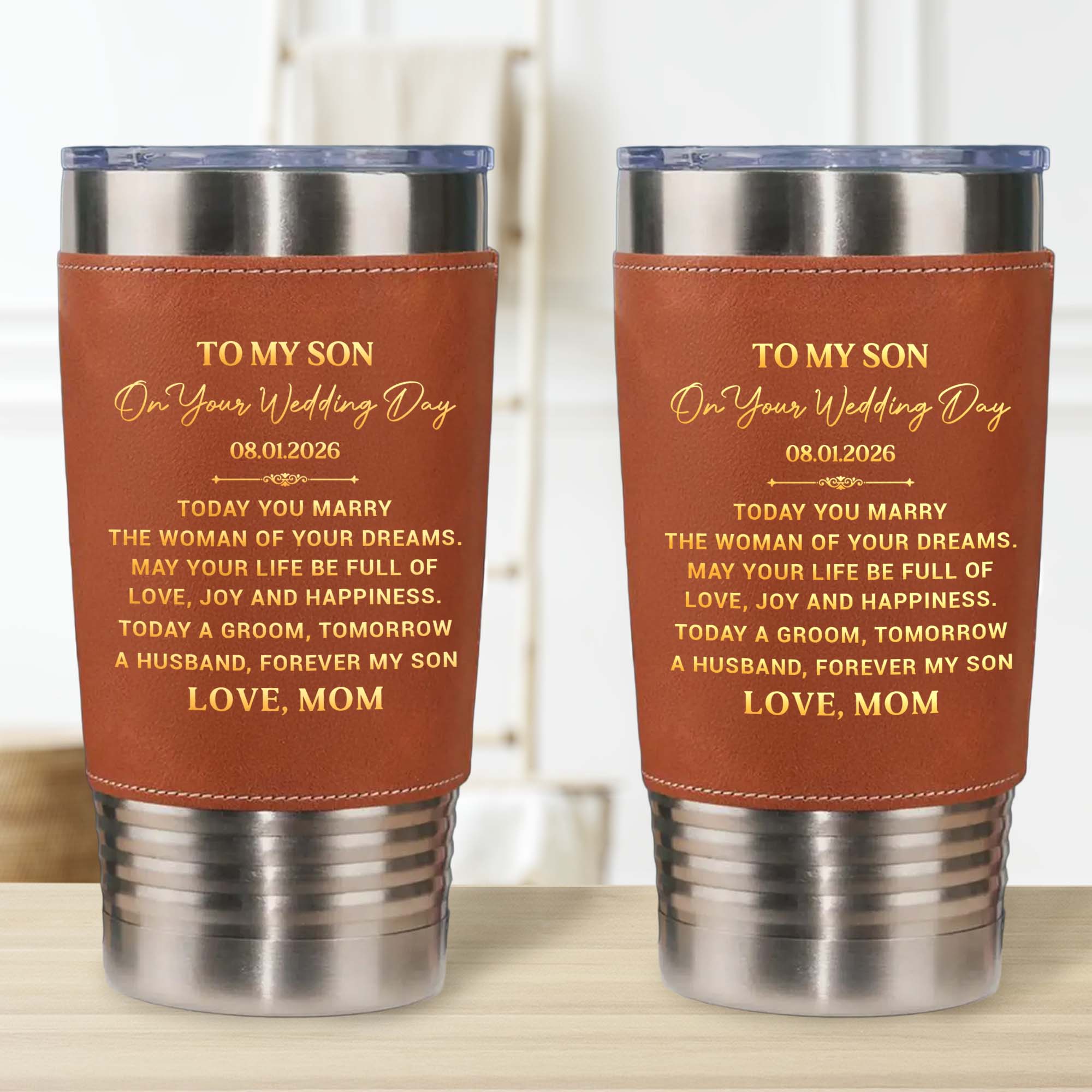 Personalized Leather Tumbler Engraved for Son Wedding Gift